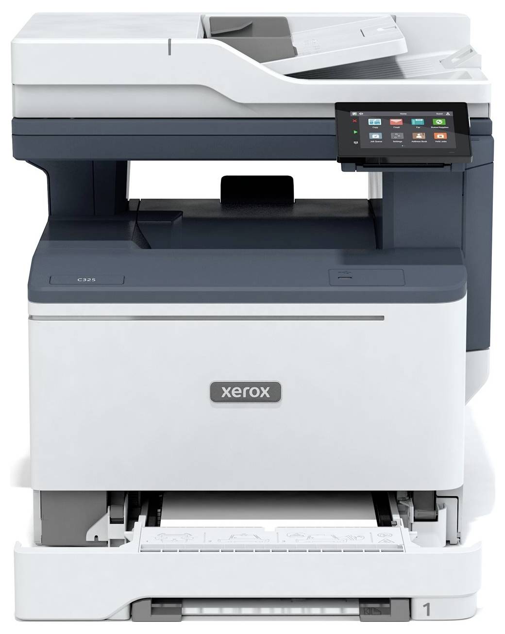 Ein moderner Multifunktionsdrucker mit Touchscreen-Bedienfeld und geöffnetem Papierfach. Das Gerät ist von der Marke Xerox.
