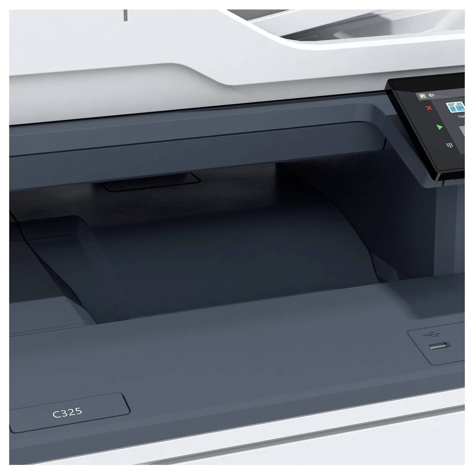 Ein moderner Drucker mit einem berührungsempfindlichen Bildschirm und einem offenen Papierfach, bereit zum Drucken.