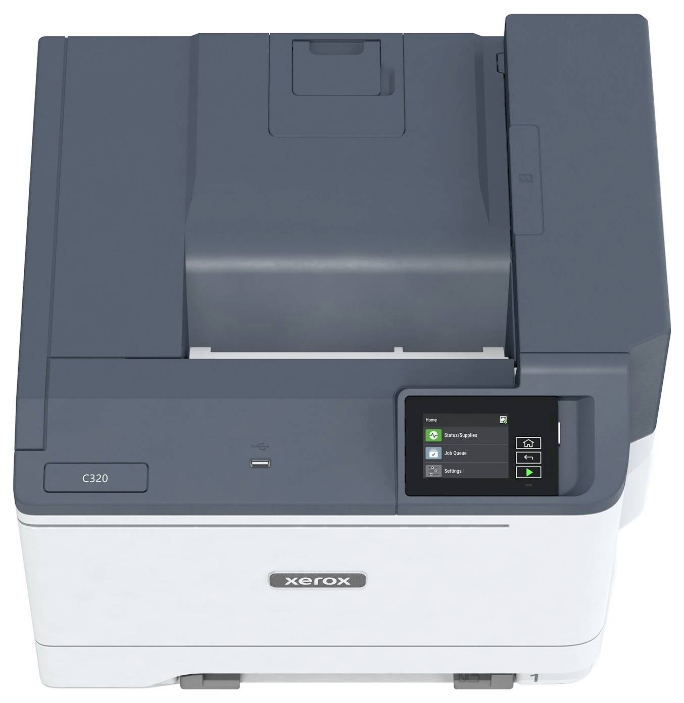 Ein grauer Xerox-Drucker mit Display und Bedienfeld an der Vorderseite. Modellnummer 'C320' sichtbar links vorne.