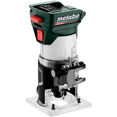 Metabo Akku-Oberfräse mit transparenter Basis und schwarz-grünem Gehäuse, dargestellt in der Produktansicht auf weißem Hintergrund.