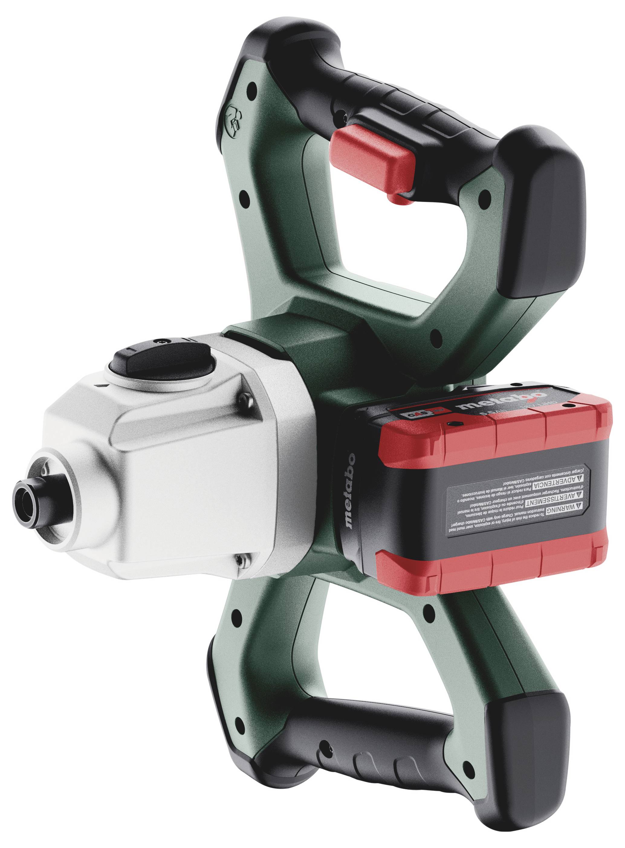 Ein grüner, kabelloser Bohrmischer mit rotem Akku, ergonomischen Griffen und robustem Design. Ideal für den Einsatz auf Baustellen.