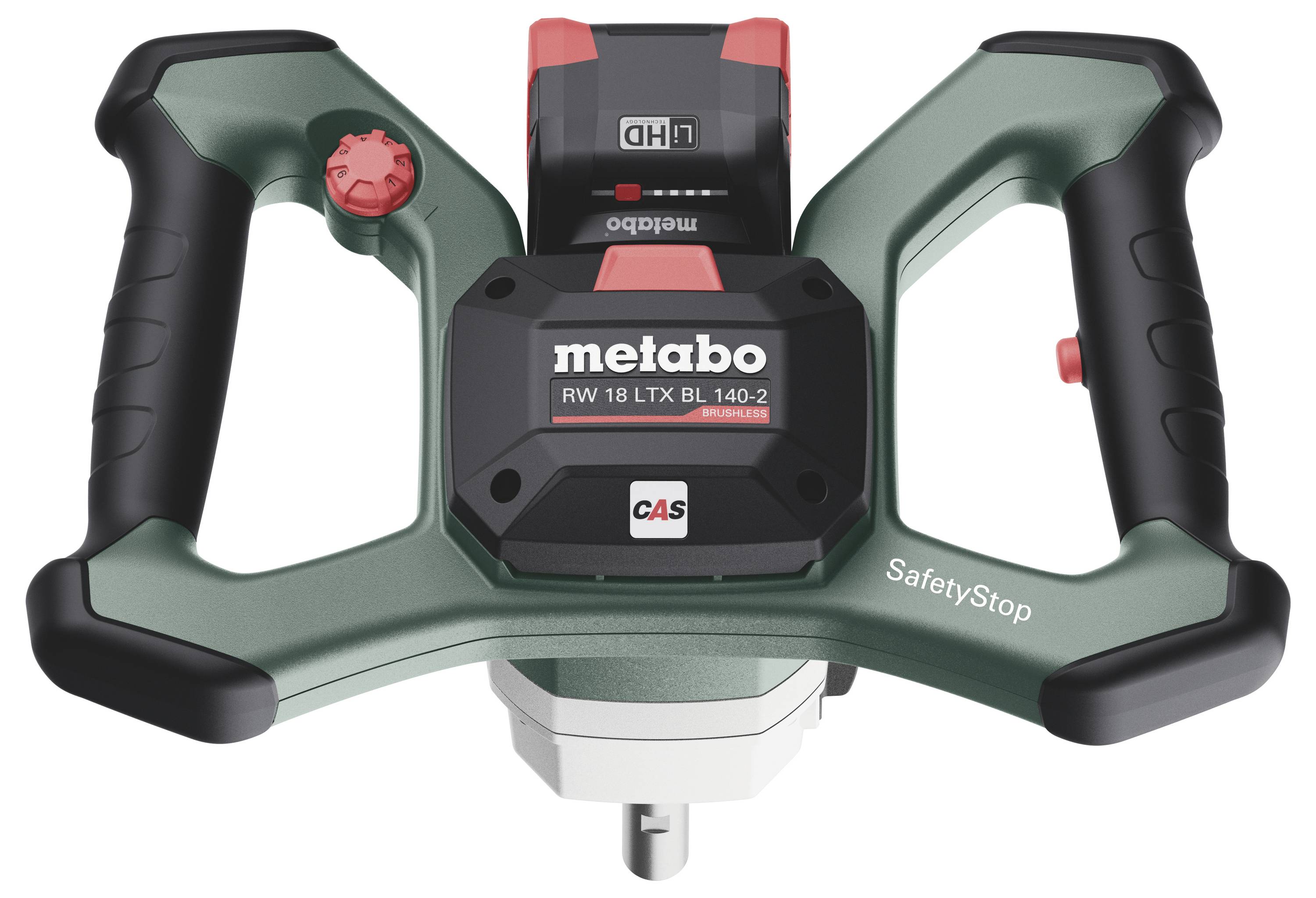 Grüner und schwarzer Handmischer von Metabo, Modell RW 18 LTX BL 140-2, mit zwei Griffen und einem Sicherheitsstopp-Schalter.