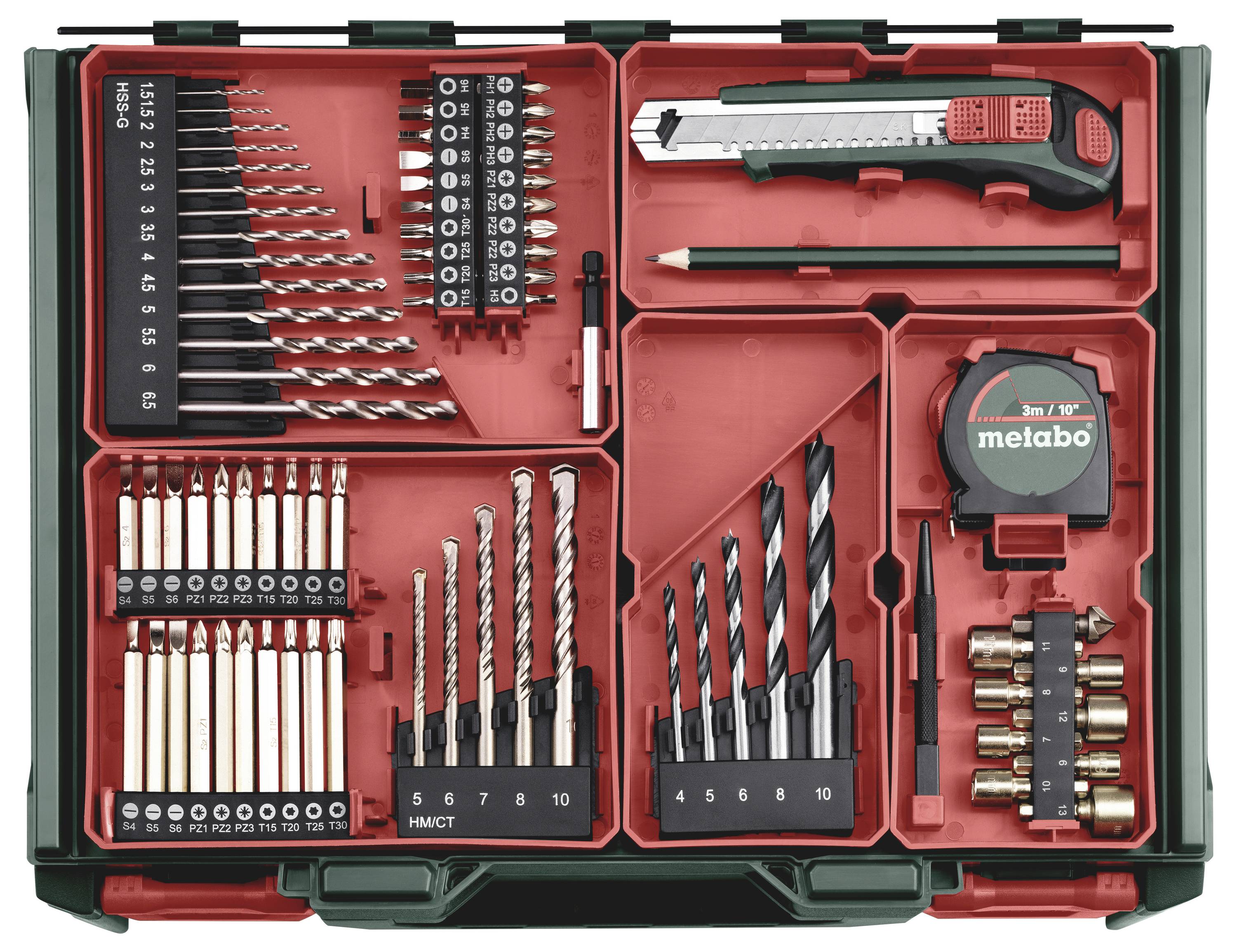 Ein Werkzeugkasten mit Bohrern, Schraubendreher-Bits, Cuttermesser, Maßband und Steckschlüsseln. Organisiert in einer roten Box.