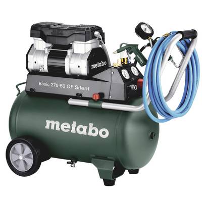 Ein grüner mobiler Luftkompressor mit der Aufschrift 'metabo', Modell 'Basic 270-50 OF Silent', zeigt Manometer und Schlauch.