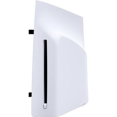 Eine weiße Spielekonsole mit schlankem, modernem Design und vertikaler Ausrichtung.