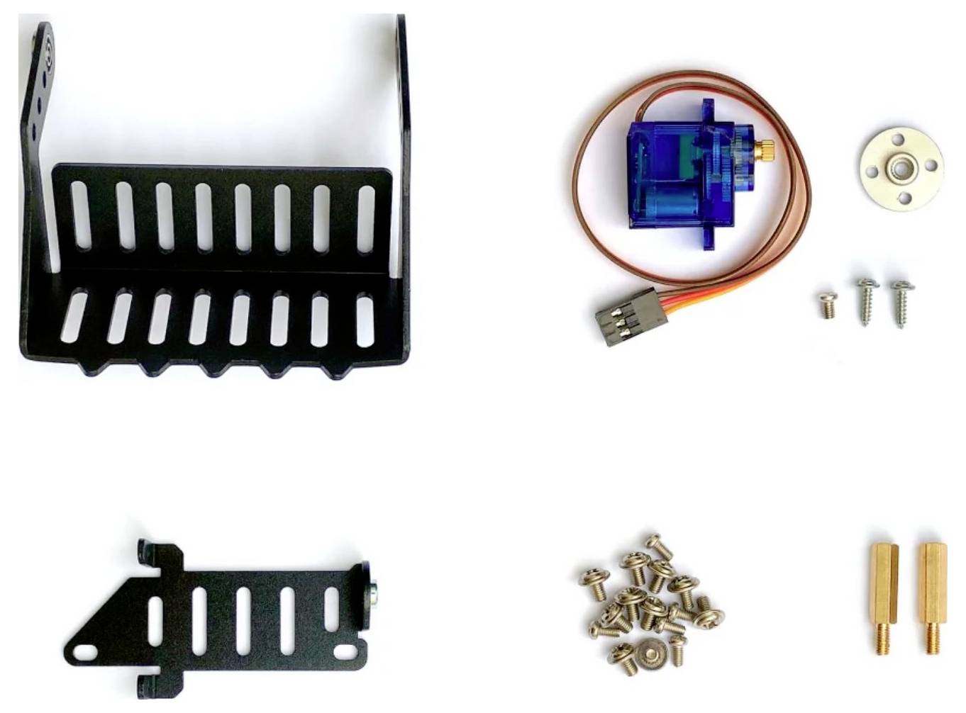 Metallhalterung, Servomotor mit Kabel und Zubehör, Schrauben und Abstandshalter. Zubehörteile für mechanische oder elektronische Projekte.