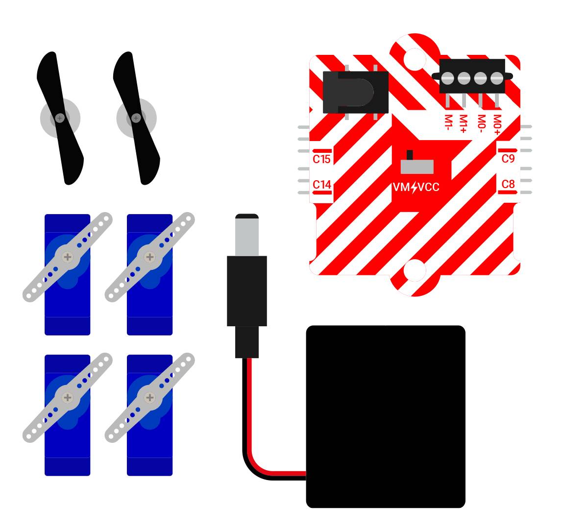 Abbildung zeigt Drohnenbausatz mit Propellern, Motoren, Steuerplatine und Batteriehalter. Geeignet für Einsteigerprojekte im Technikbereich.