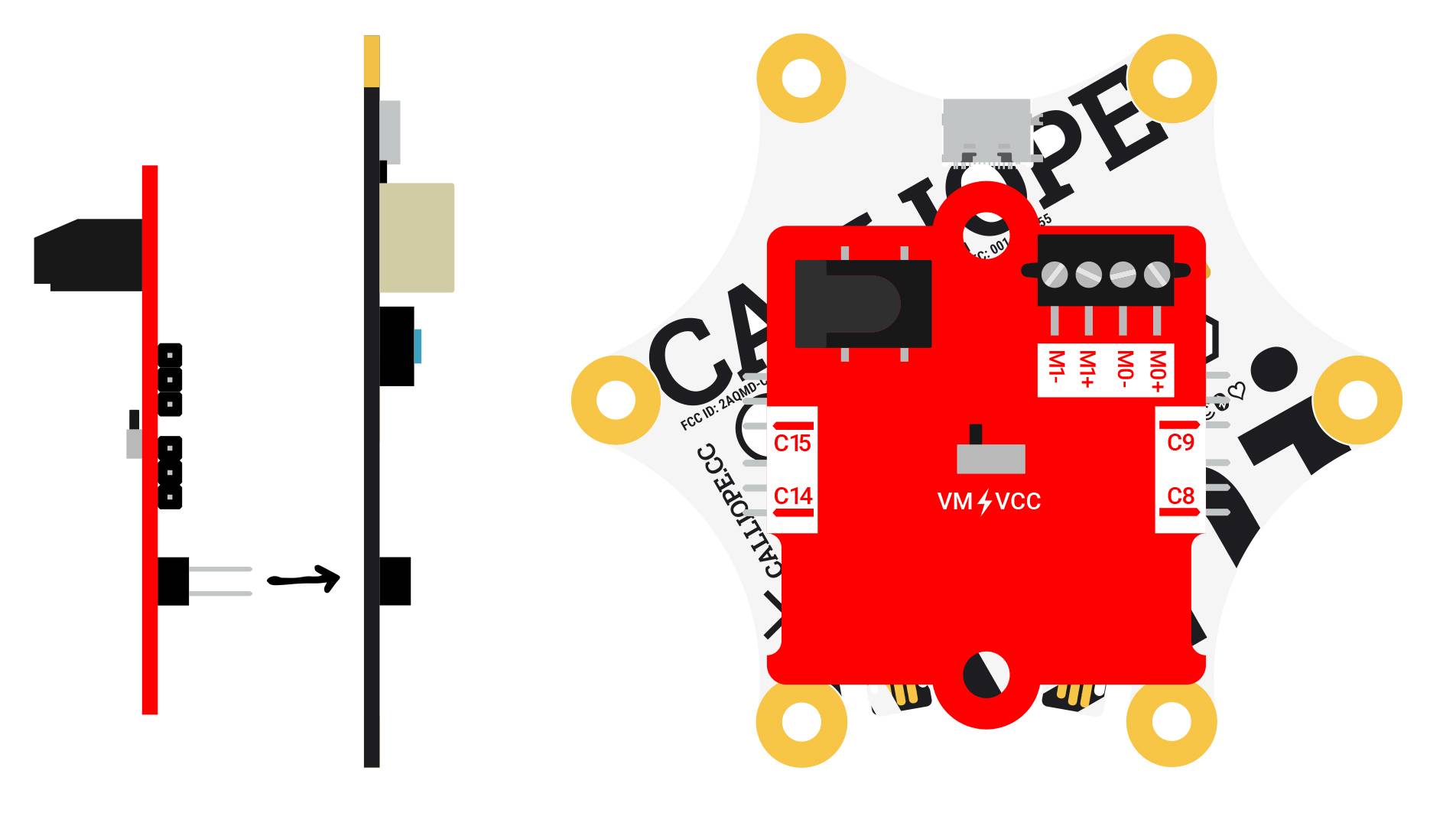 'Rückansicht und Seitenansicht einer Calliope-Platine mit rotem Design. Sichtbare Komponenten und Anschlüsse zur Illustration technischer Details.'