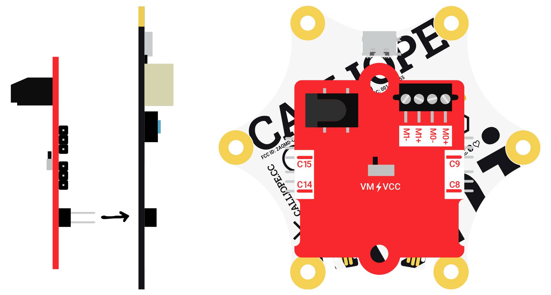 Rote Elektronikplatine auf weißem Hintergrund mit schwarzem Text 'CAMPER'. Seiten- und Rückansicht zeigen Schaltkreiskomponenten.
