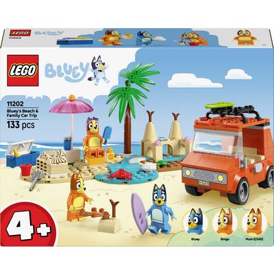 Lego-Set-Box zeigt eine Strandszene mit Comicfiguren, Palme, Sandburg und einem roten und orangefarbenen Fahrzeug. Set ist geeignet für Kinder ab 4 Jahren.