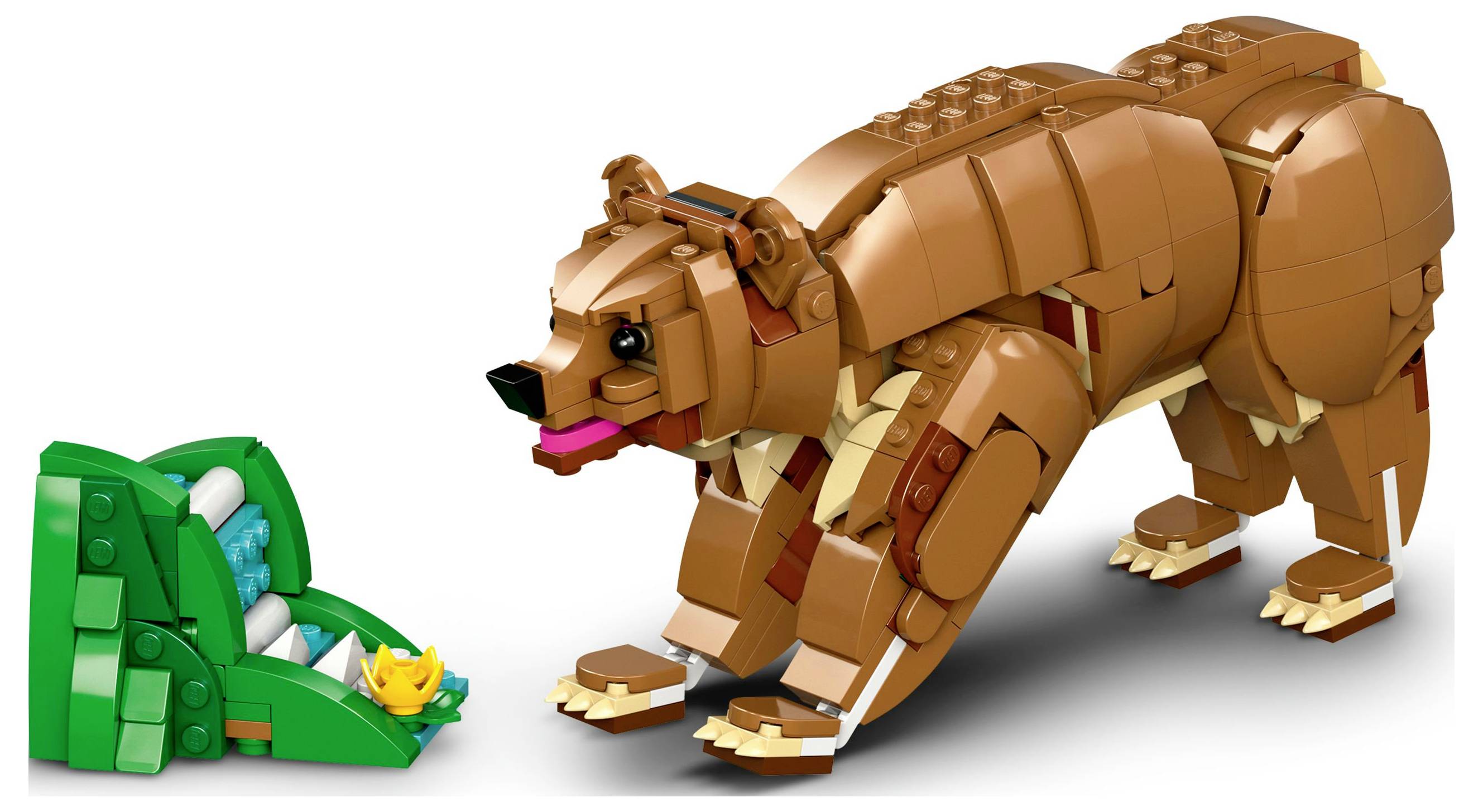 Eine bärenförmige Spielzeugfigur aus ineinandergreifenden Bausteinen steht einem grünen Krokodilspielzeug gegenüber; beide sind aus bunten Plastikbausteinen konstruiert.