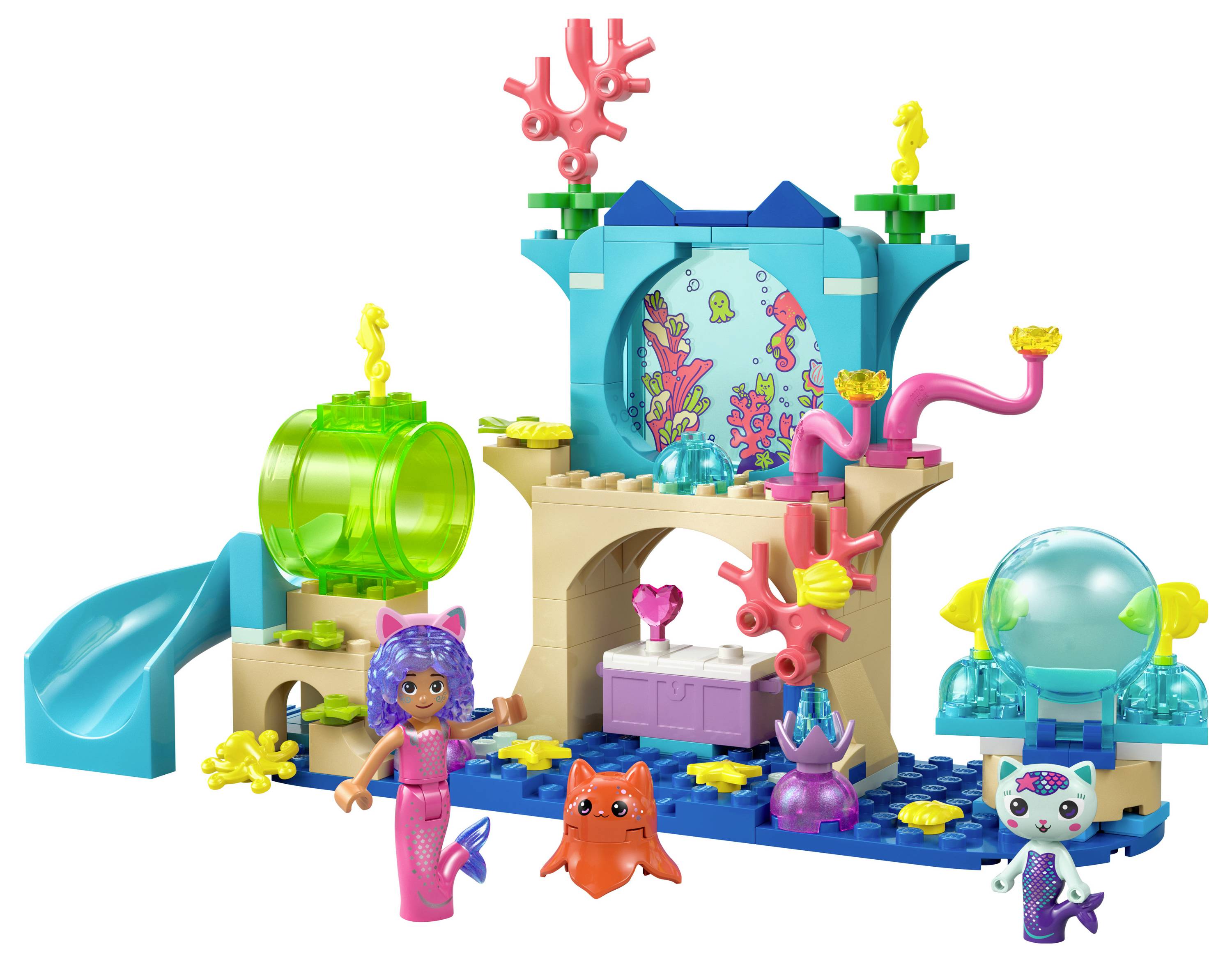 Spielset mit einer Meerjungfrau, einem meeresbezogenen Gebäude mit Korallendekorationen, einer Rutsche, einem Rohr und zwei kleinen Tierfiguren in Aquatik-Kleidung.