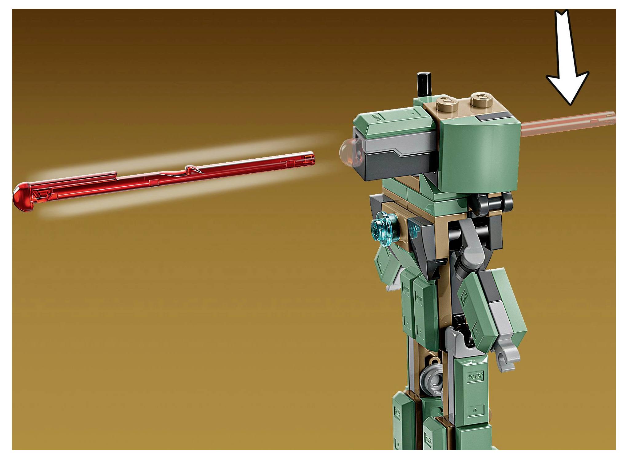 Eine grüne und graue Roboterfigur schießt einen roten Laserstrahl nach rechts, vor einem braunen Hintergrund. Ein Pfeil zeigt auf den Laser.