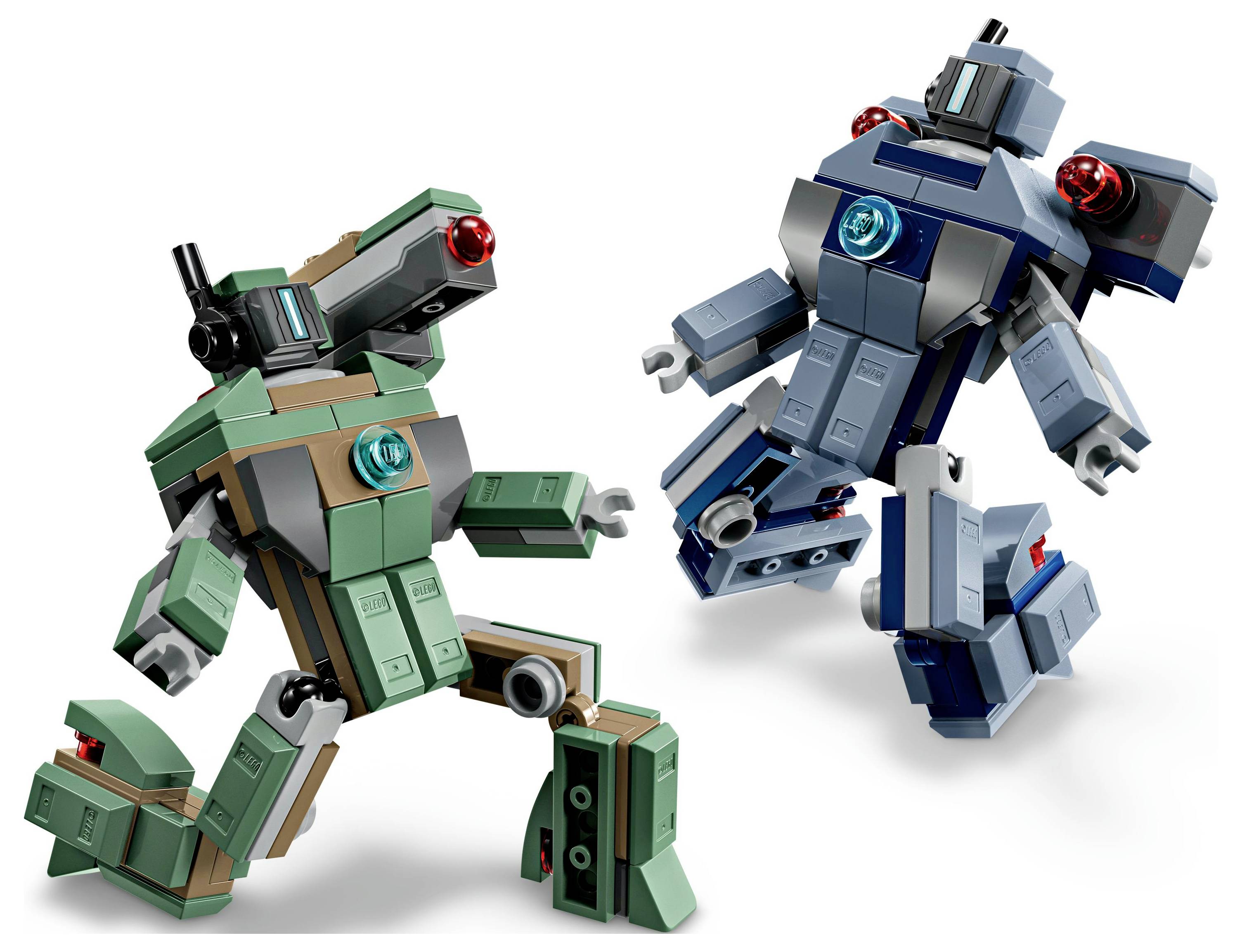 Zwei mehrfarbige Roboterspielzeuge aus ineinandergreifenden Bausteinen, dynamisch posiert, als ob sie sich mitten in einer Aktion oder einer verspielten Interaktion befänden.