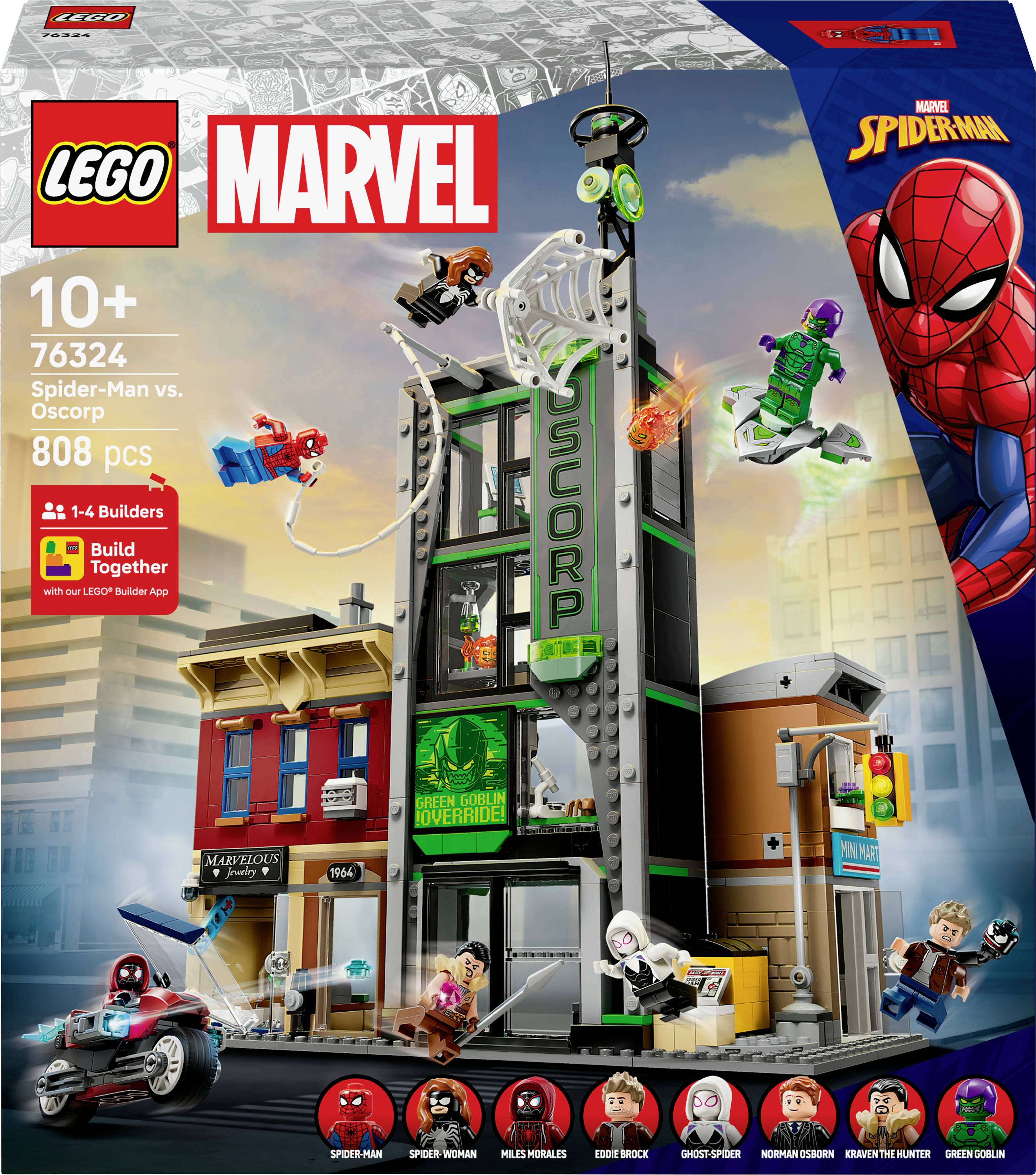 Lego Marvel Set 'Spider-Man gegen Oscorp' für Kinder ab 10 Jahren, 808 Teile. Enthält Oscorp-Wolkenkratzer, Spider-Man, Grüner Kobold und Fahrzeuge in Kampfszenen.
