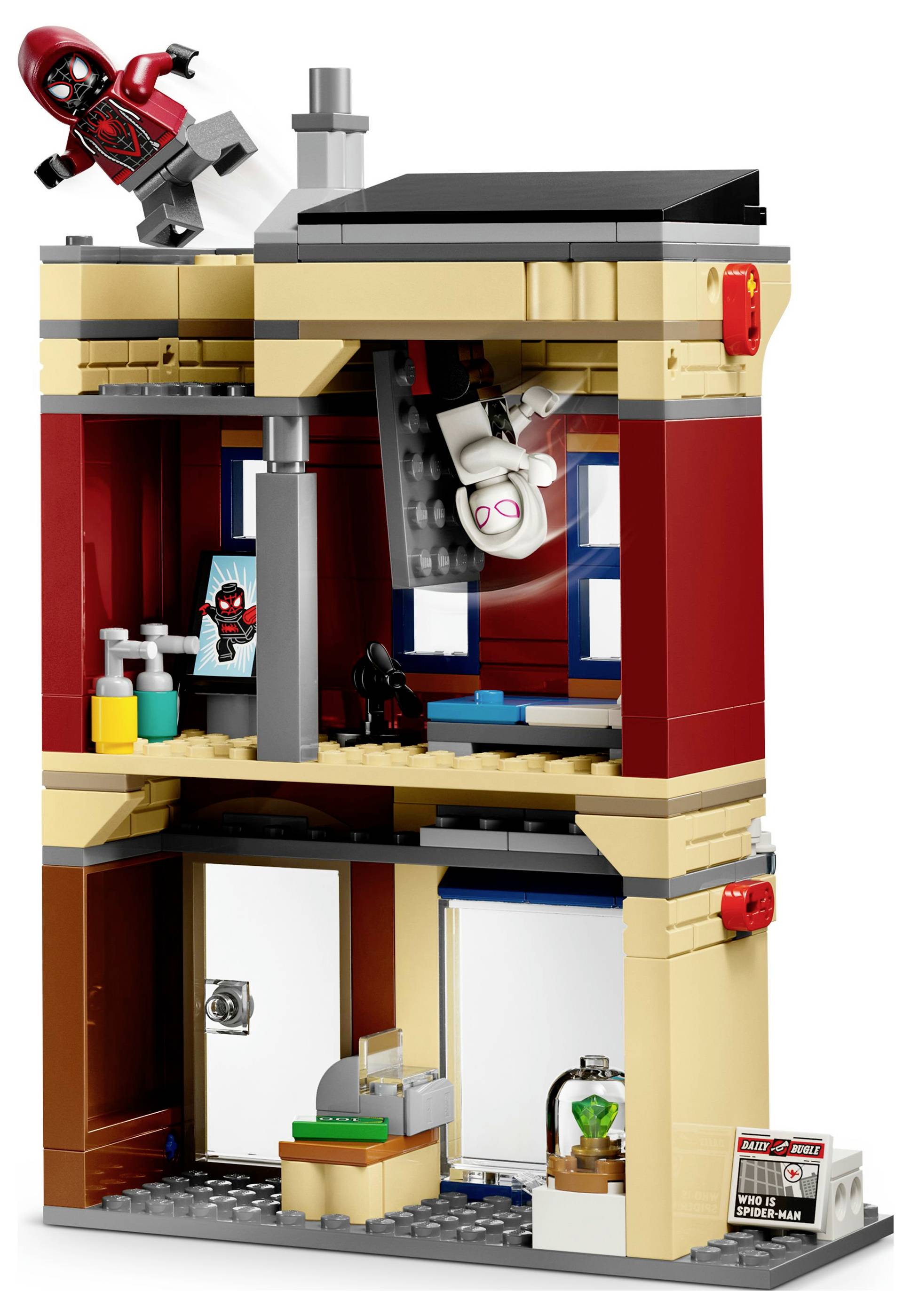 Ein Spielzeug-Bauset mit zwei Minifiguren in Superheldenkostümen, wobei eine Figur an der Decke krabbelt, in einem mehrstöckigen Raum mit detaillierten Inneneinrichtungen.