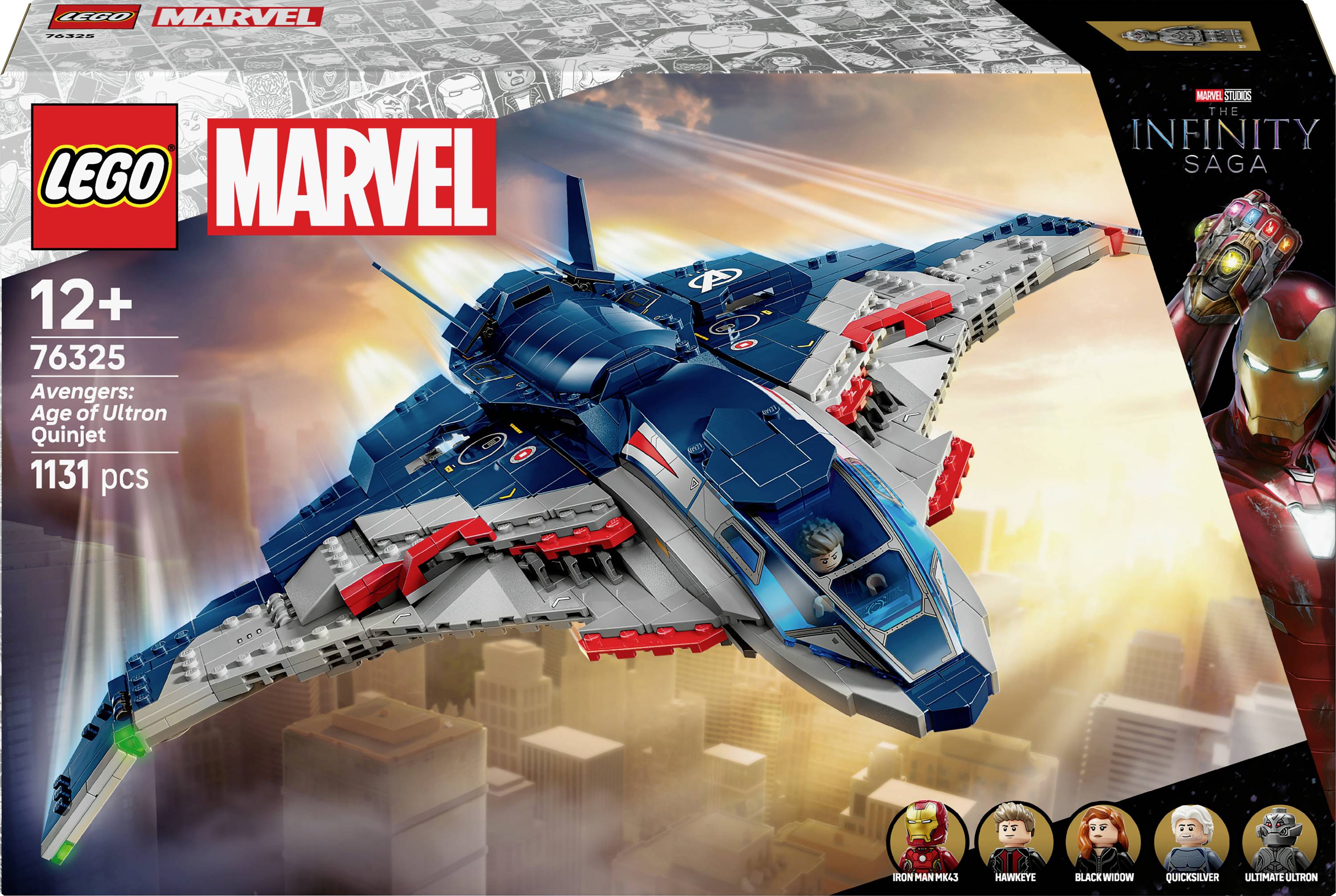 LEGO Marvel Avengers: Age of Ultron Quinjet Set für Alter 12+, mit 1131 Teilen. Die Verpackung zeigt ein Bild des Quinjets im Flug.