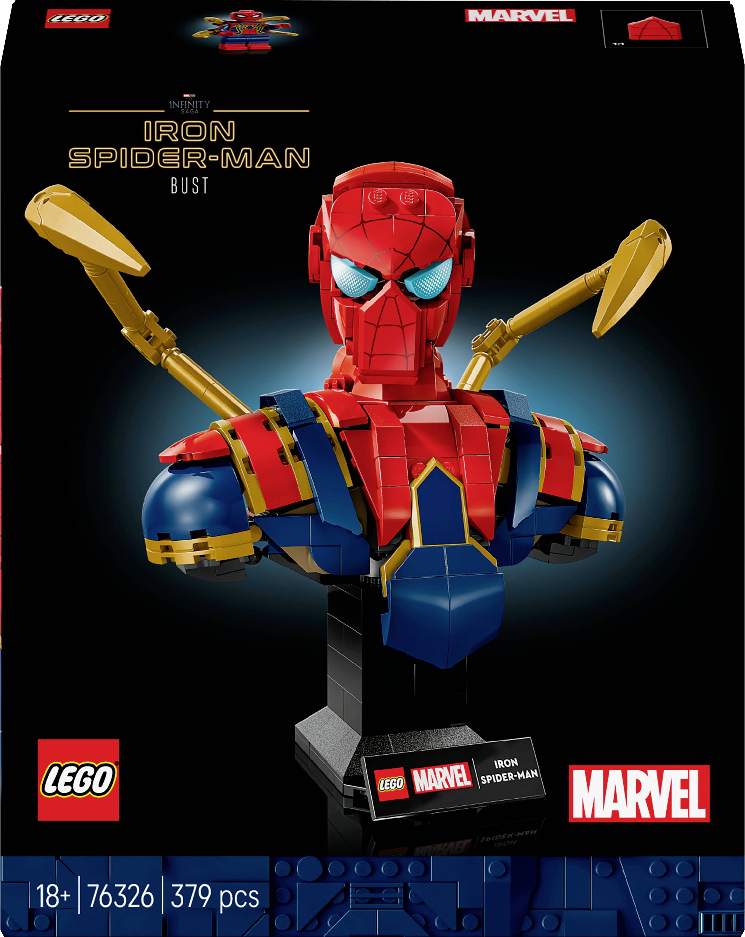 LEGO Marvel Spider-Man Büste, präsentiert in lebendigen roten und blauen Farben mit goldenen netzartigen Armen. Verpackung gibt '18+' an, 379 Teile.