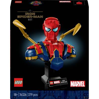 LEGO Marvel Spider-Man Büste, präsentiert in lebendigen roten und blauen Farben mit goldenen netzartigen Armen. Verpackung gibt '18+' an, 379 Teile.