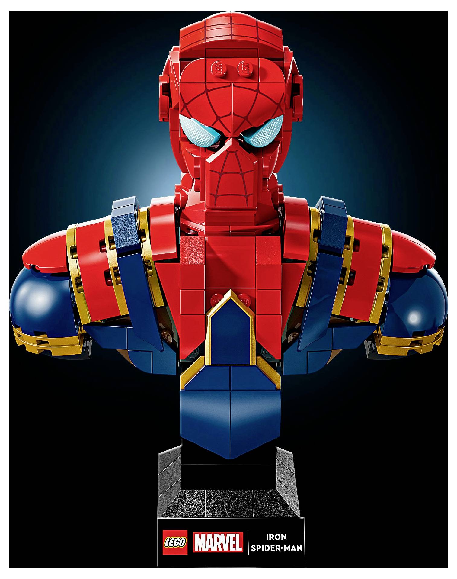 Eine LEGO-Büste von Iron Spider-Man, die den Superhelden in roter, blauer und goldener Rüstung präsentiert. Mit auffälligen Spinnennetz-Designdetails.
