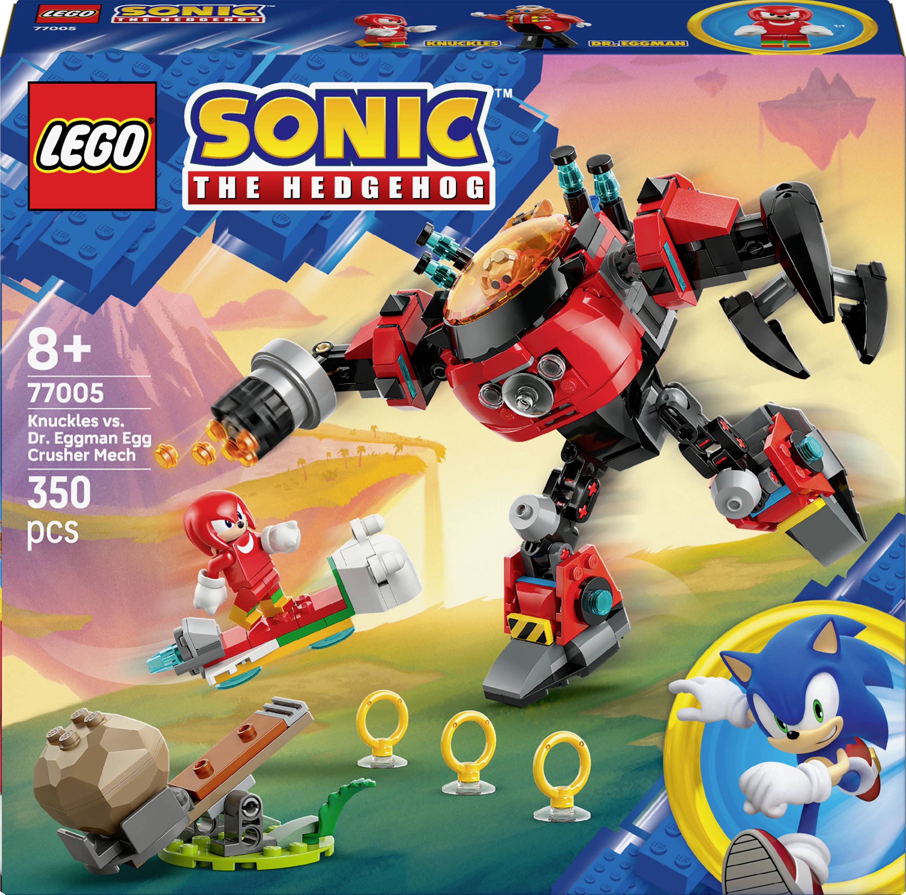 LEGO Sonic the Hedgehog Set 77005, der Knuckles gegen Dr. Eggmans Egg Crusher Mech zeigt, mit 350 Teilen, empfohlen für Kinder ab 8 Jahren.