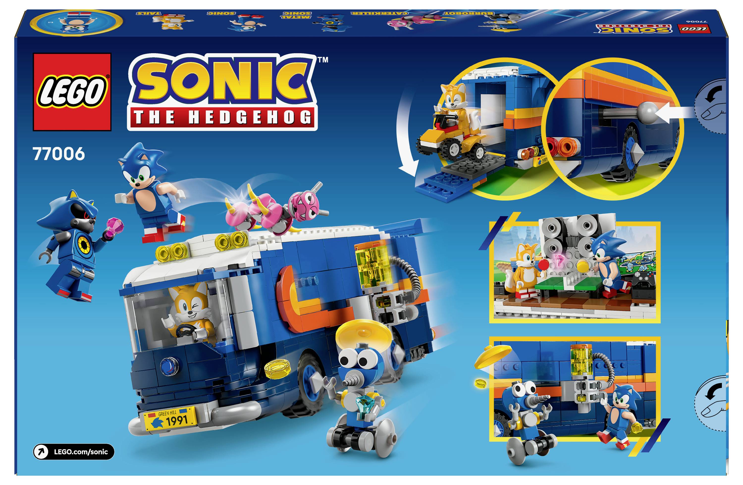 'Lego Sonic the Hedgehog Set 77006 Box: zeigt Sonic auf einer Geschwindigkeitskugel, ein Fahrzeug mit beweglichen Rädern und Charakterfiguren.'