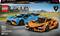 'Lego Speed Champions Set mit einem blauen Lamborghini Revuelto und einem orangefarbenen Lamborghini Huracán STO. Set-Nummer 77238, 607 Teile.'