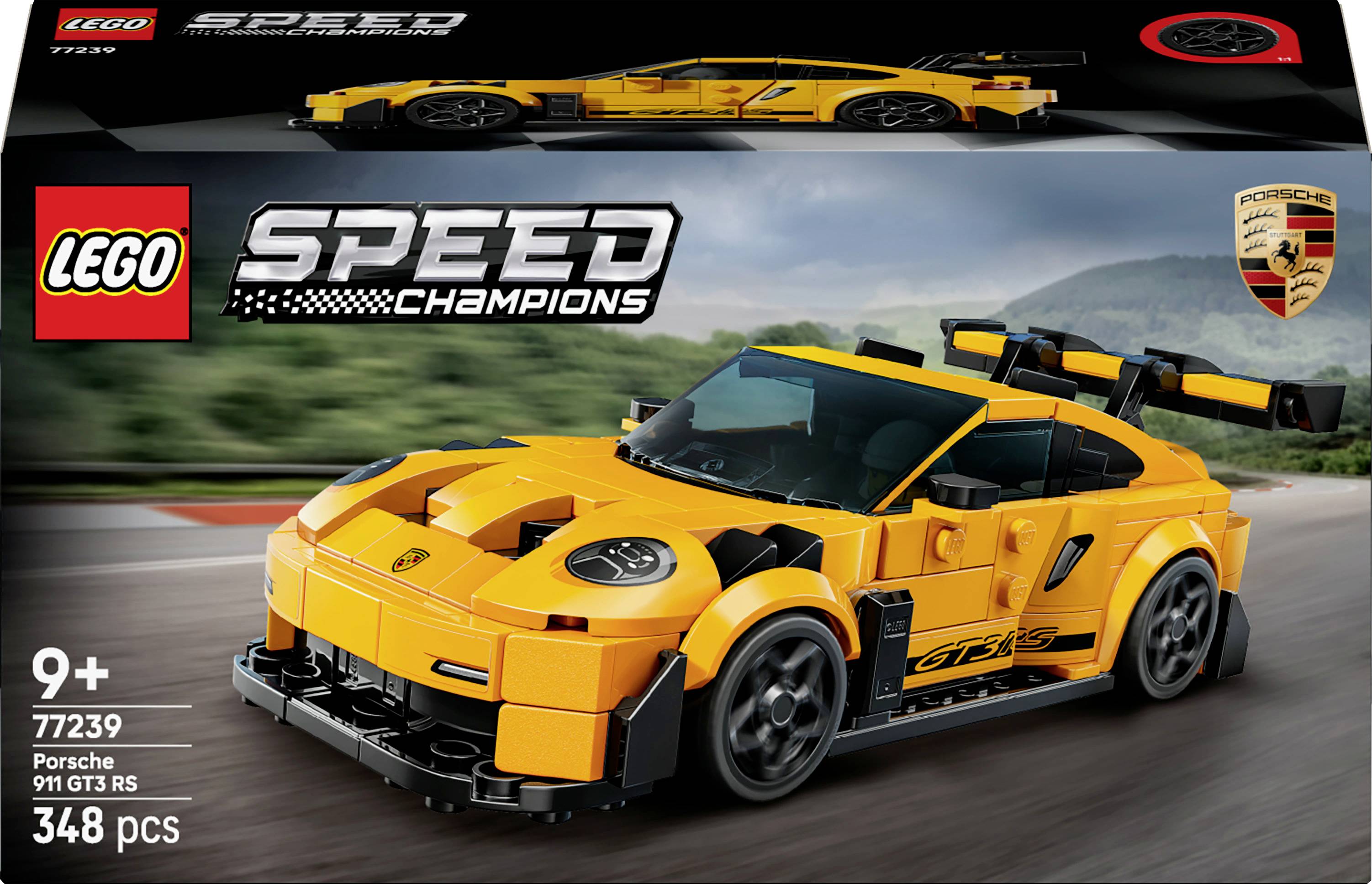 LEGO Speed Champions Set mit einem hellorangefarbenen Porsche 911 GT3 RS Modell mit 348 Teilen, empfohlen für Kinder ab 9 Jahren.