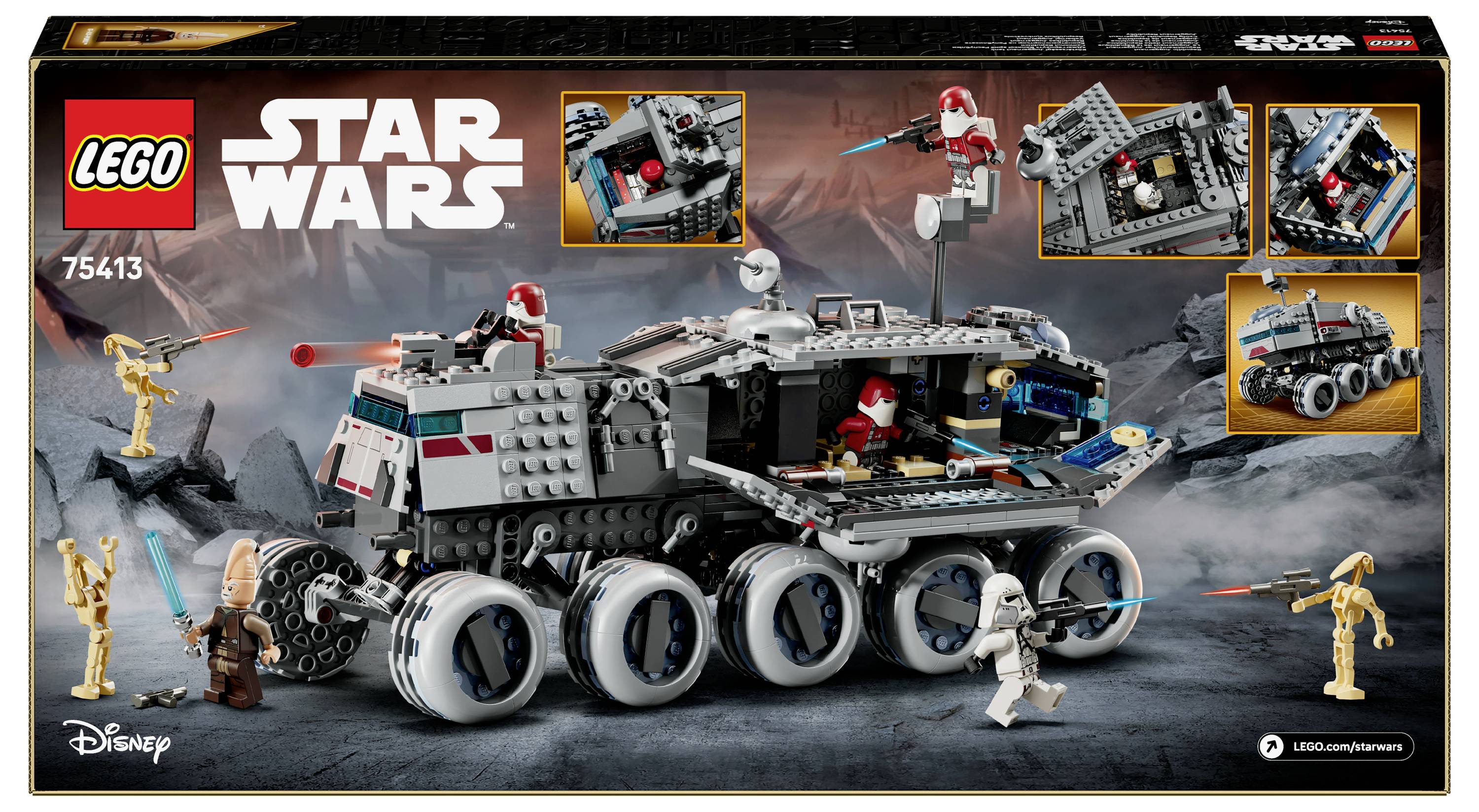 Lego Star Wars Set mit einem detaillierten Science-Fiction-Fahrzeug und mehreren Minifiguren, darunter rot gekleidete und weiß gepanzerte Figuren, die in einer Kampfszene positioniert sind.