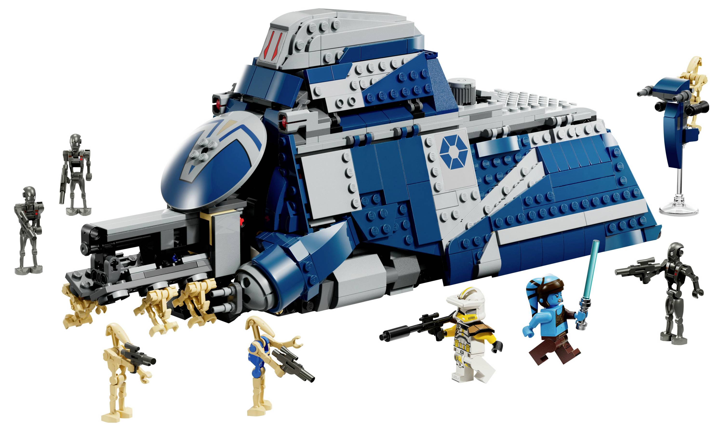 Ein LEGO Star Wars Set mit einem blau-grauen, panzerwagen-ähnlichen Fahrzeug und acht Minifiguren, darunter bewaffnete Soldaten und Droiden.