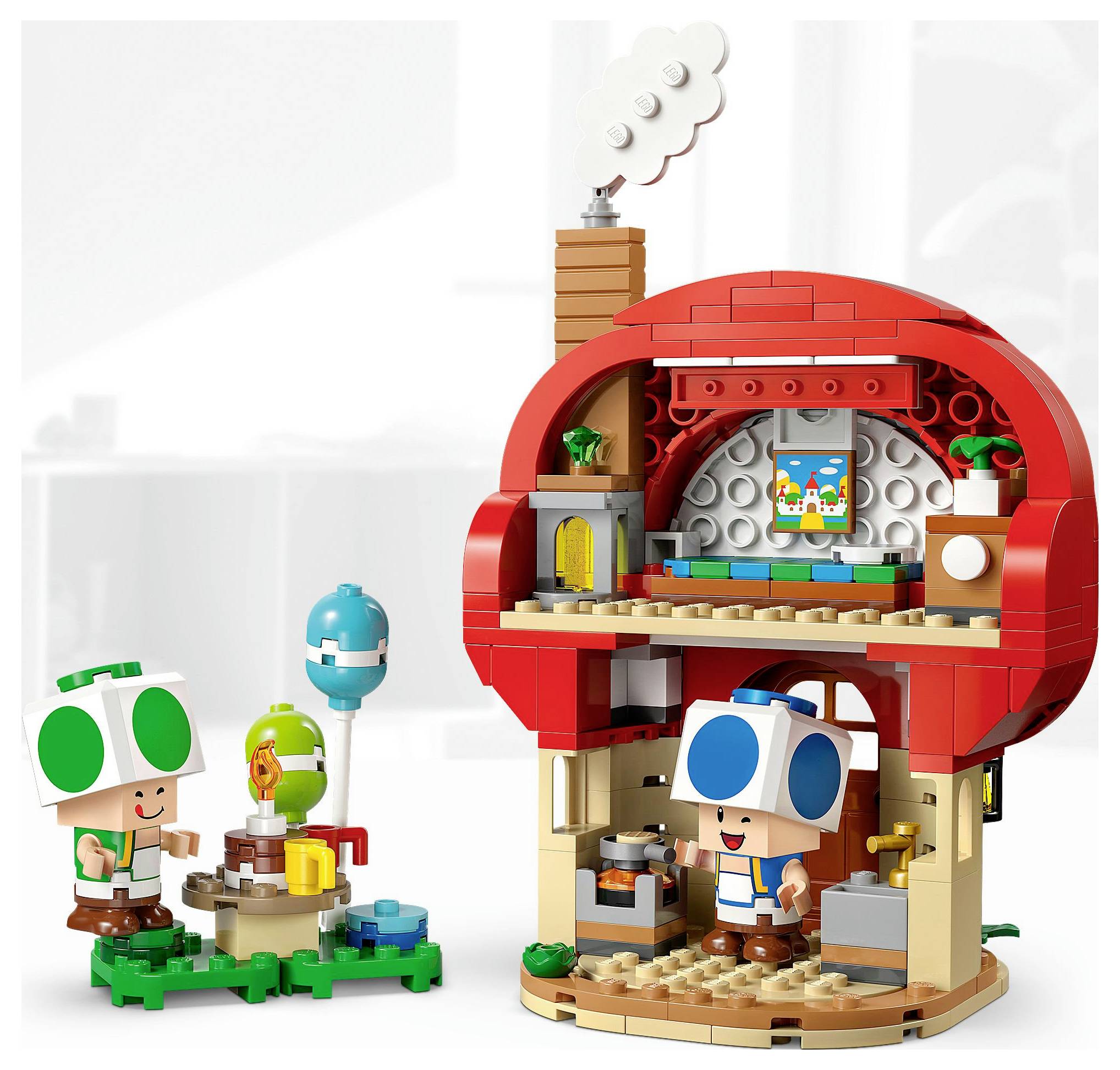 Zwei bunte, comichafte Figuren mit Pilzmützen stehen neben einem verspielten, pilzförmigen Ziegelhaus. Eine der Figuren hält einen Luftballon.