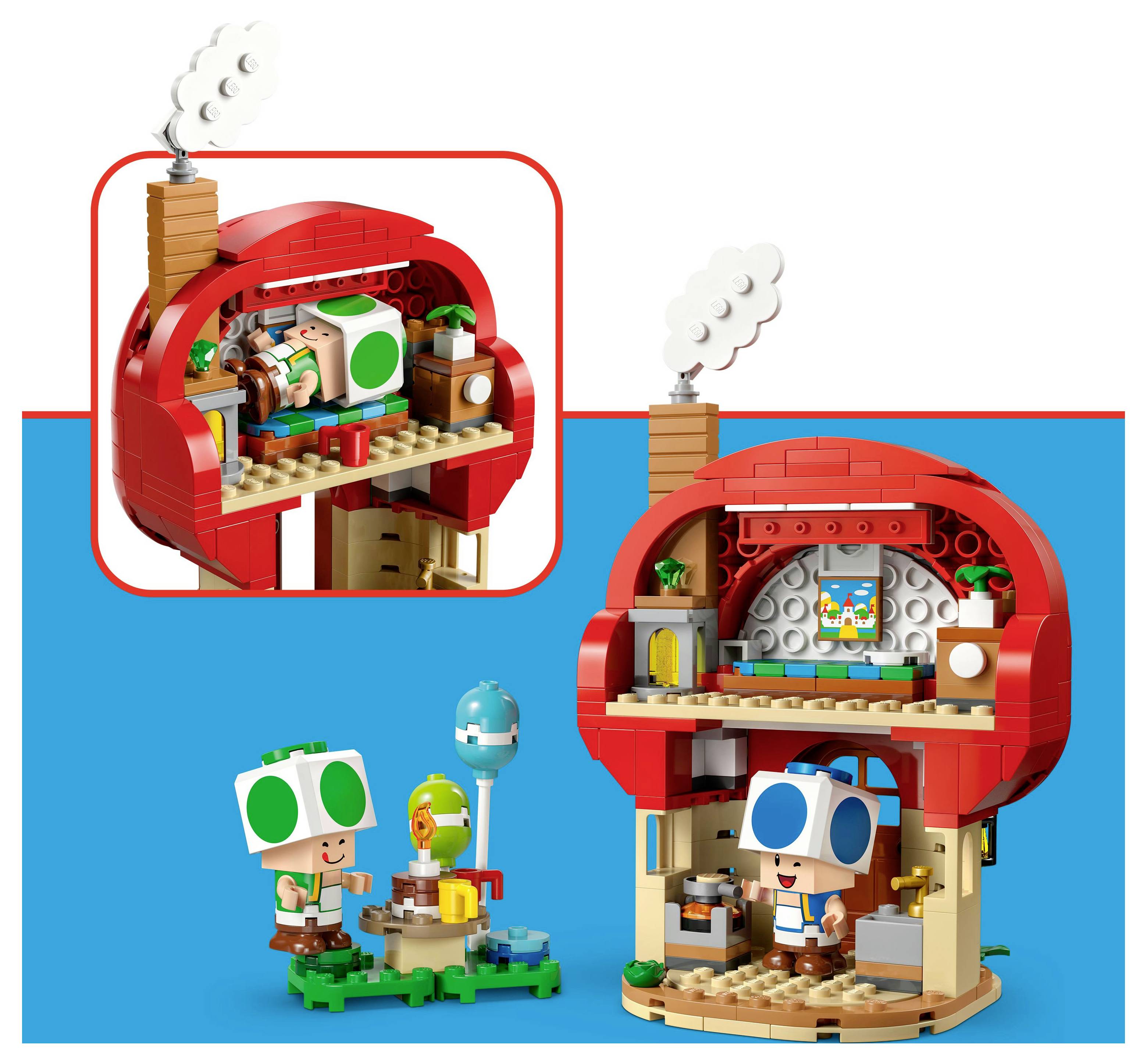 Ein LEGO-Set mit einem roten, pilzförmigen Haus mit einem kleinen Schornstein und Rauch. Enthält eine Figur mit einem großen grünen und weißen Hut, im Freien mit einer Pflanze.