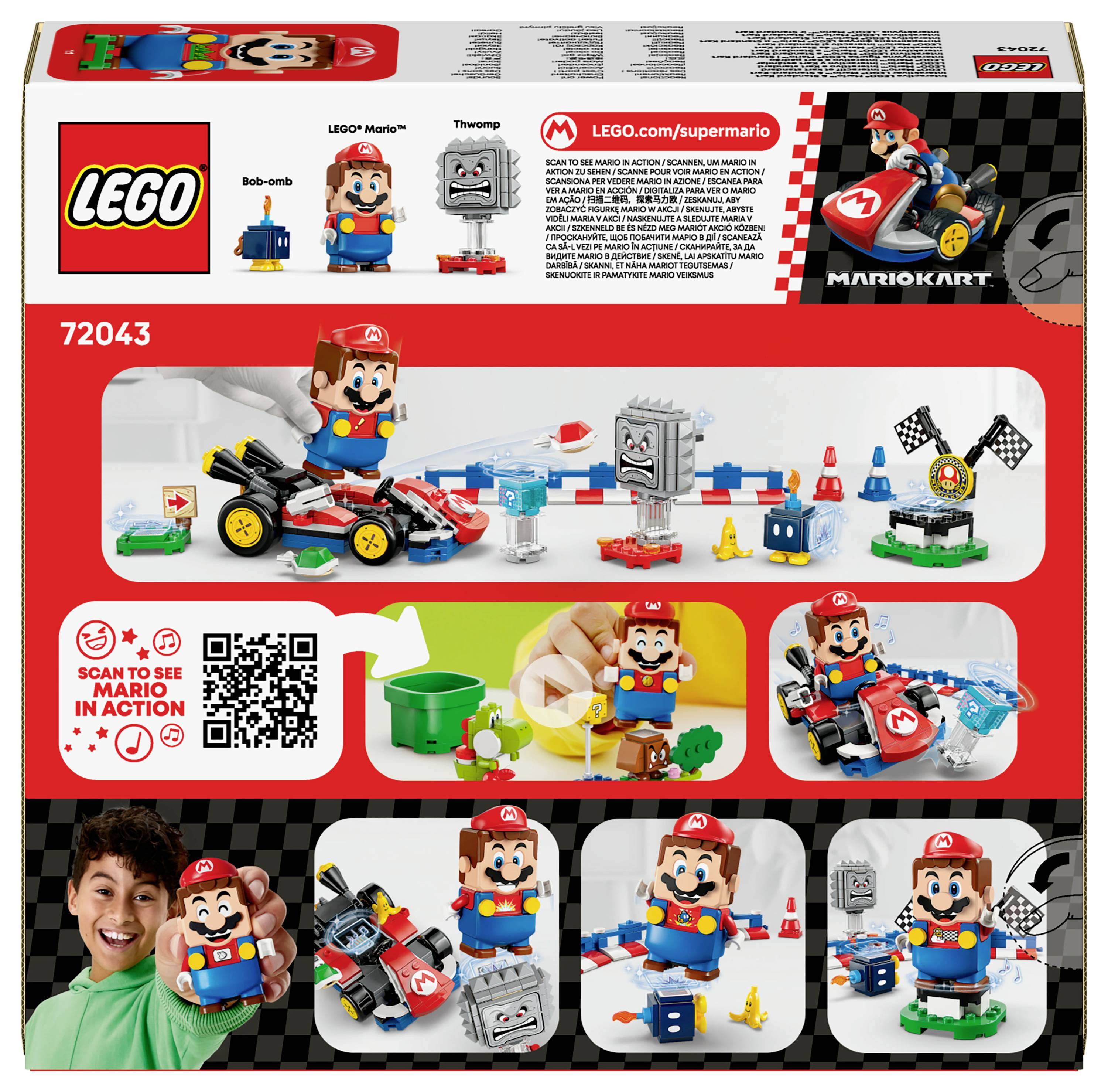 Schachtel eines LEGO Super Mario Sets mit Mario-thematischen Spielzeugen, einschließlich eines baubaren Mario in einem Kart und verschiedenen Streckenlementen.