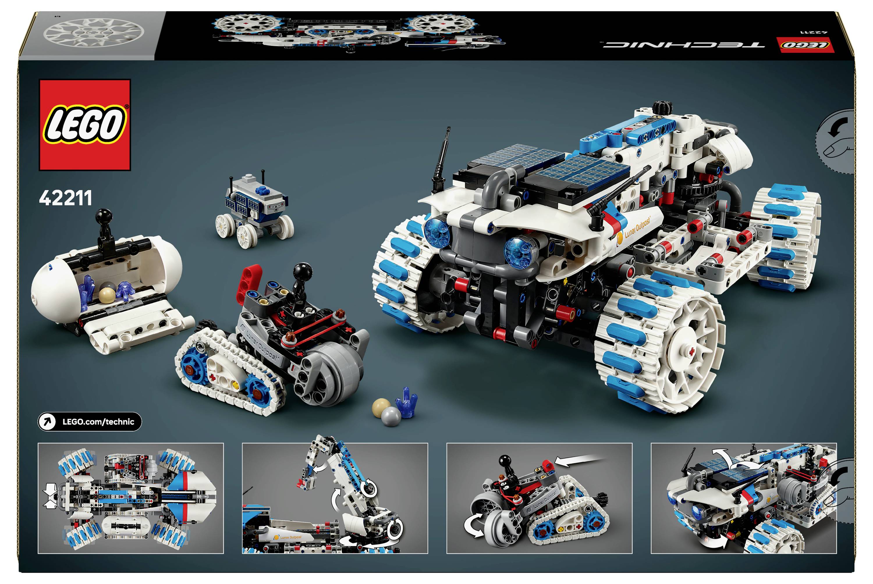 LEGO Technic 42211 Schachtel, die eine motorisierte Maschine mit weißen und blauen Schienen, futuristischem Design und verschiedenen Montagemöglichkeiten präsentiert.