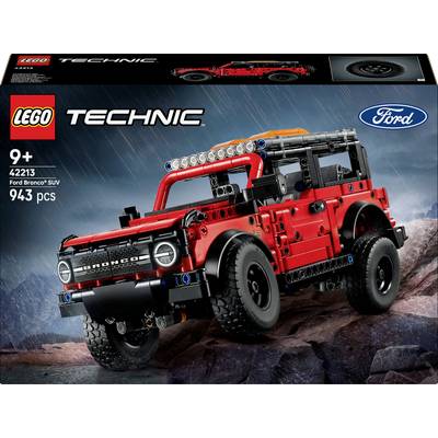 LEGO Technic Ford Bronco Modellset, 943 Teile, Alter 9+, Schachtel zeigt rotes Geländefahrzeug auf felsigem Terrain.