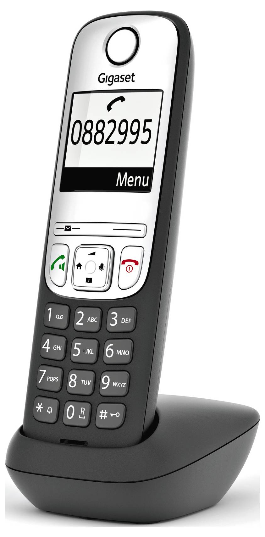 Schnurloses Telefon mit Tastenfeld, Display zeigt Nummer '0882995'. Telefon steht auf Ladestation.