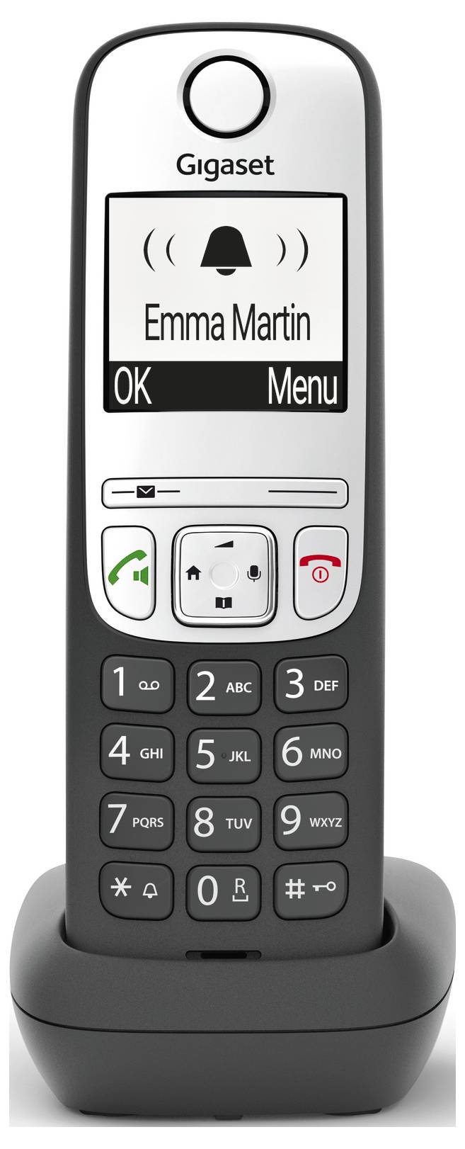 Ein schnurloses Telefon mit Display zeigt 'Emma Martin' und 'Menu'. Tasten für Anrufe, Lautstärke, und Navigation sind sichtbar.