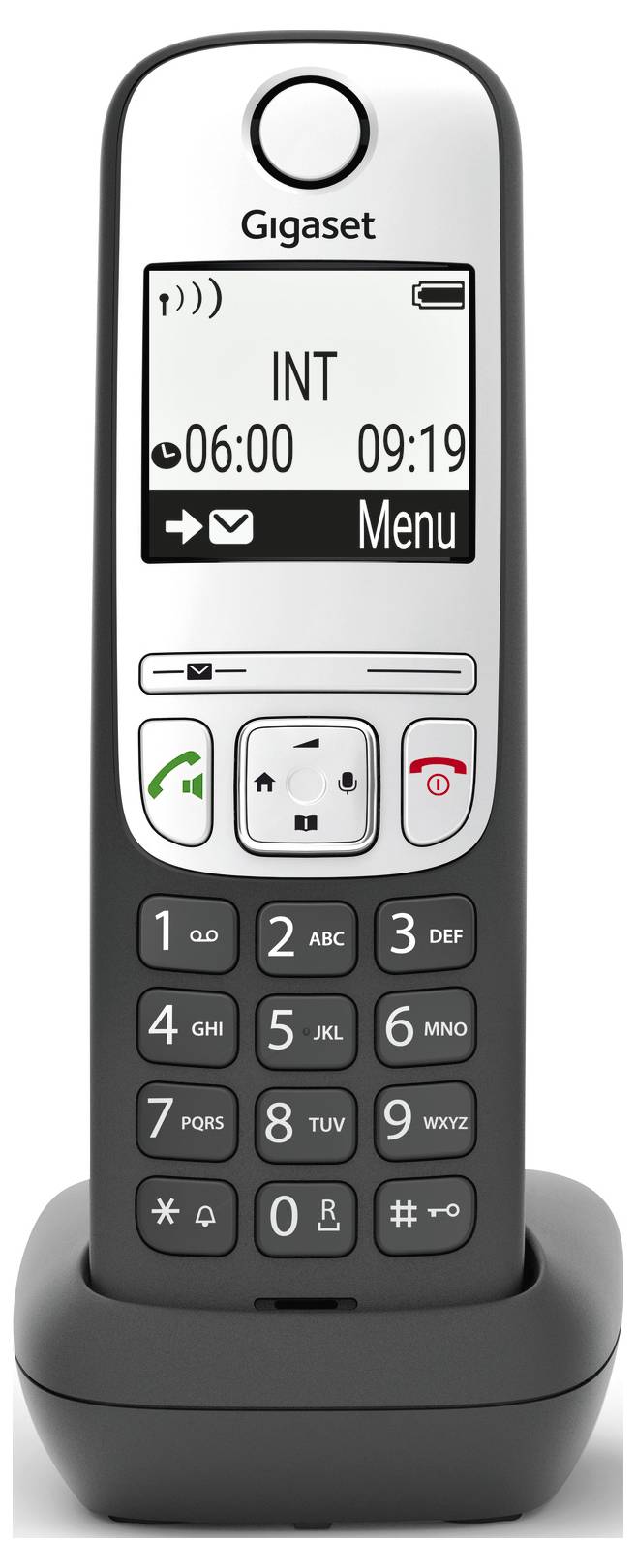 Schnurloses Telefon mit Digitaldisplay auf einer Basisstation. Zeigt Uhrzeit und Menüoptionen an.