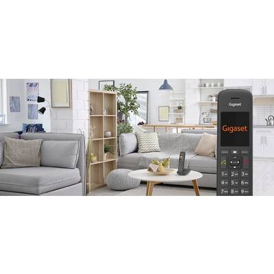 Wohnzimmer mit modernen Möbeln und Dekorationen. Im Vordergrund steht ein Tischtelefon der Marke 'Gigaset'.