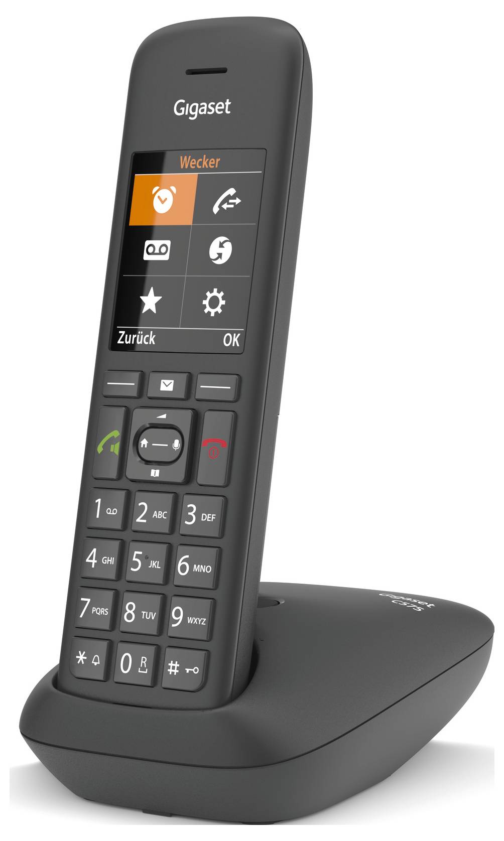 Schnurloses Telefon mit Basisstation. Das Display zeigt Symbole für Wecker, Nachrichten, und Einstellungen.