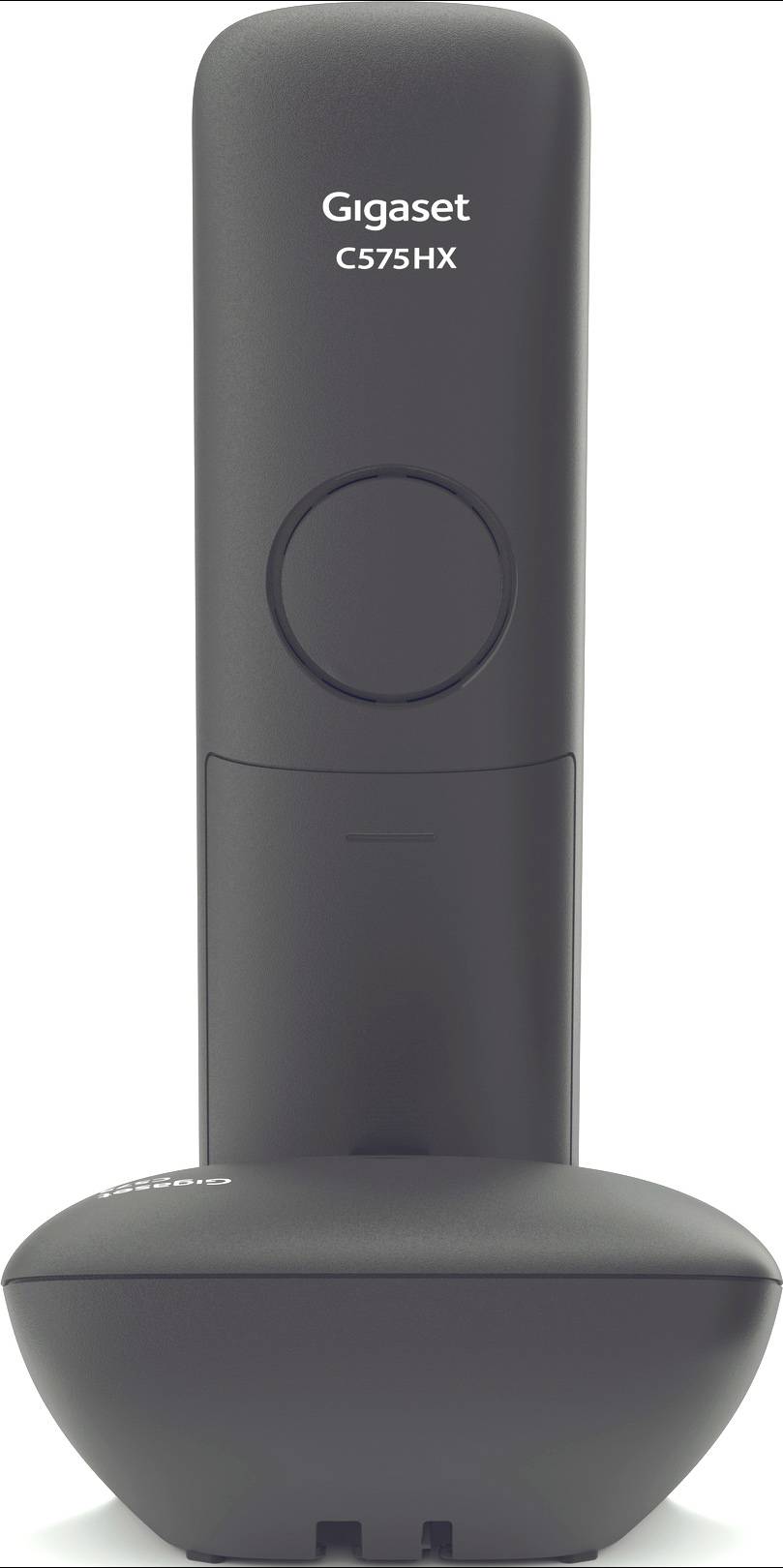 Ein drahtloses Gigaset C575HX Telefon in seiner Ladestation. Es ist schwarz und steht aufrecht auf einer glatten Oberfläche.