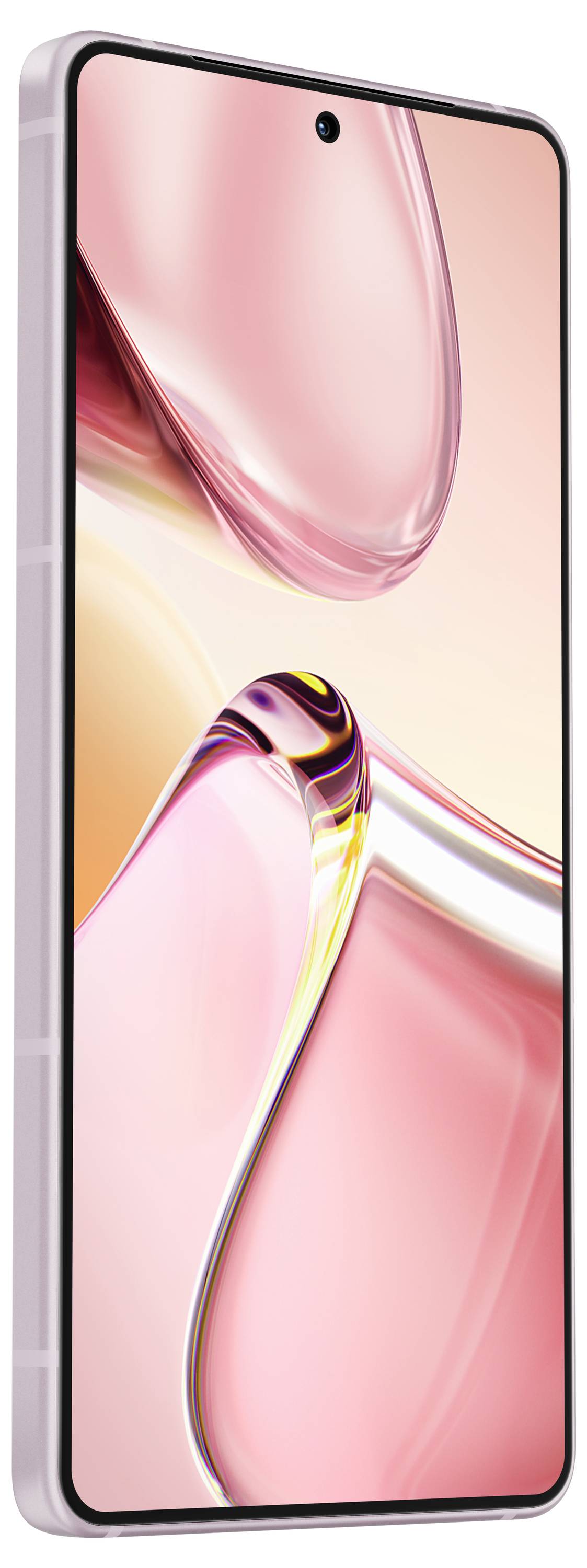 Ein Smartphone mit einem rosafarbenen Bildschirm zeigt eine abstrakte Grafik. Schlankes, modernes Design mit Kamera oben.