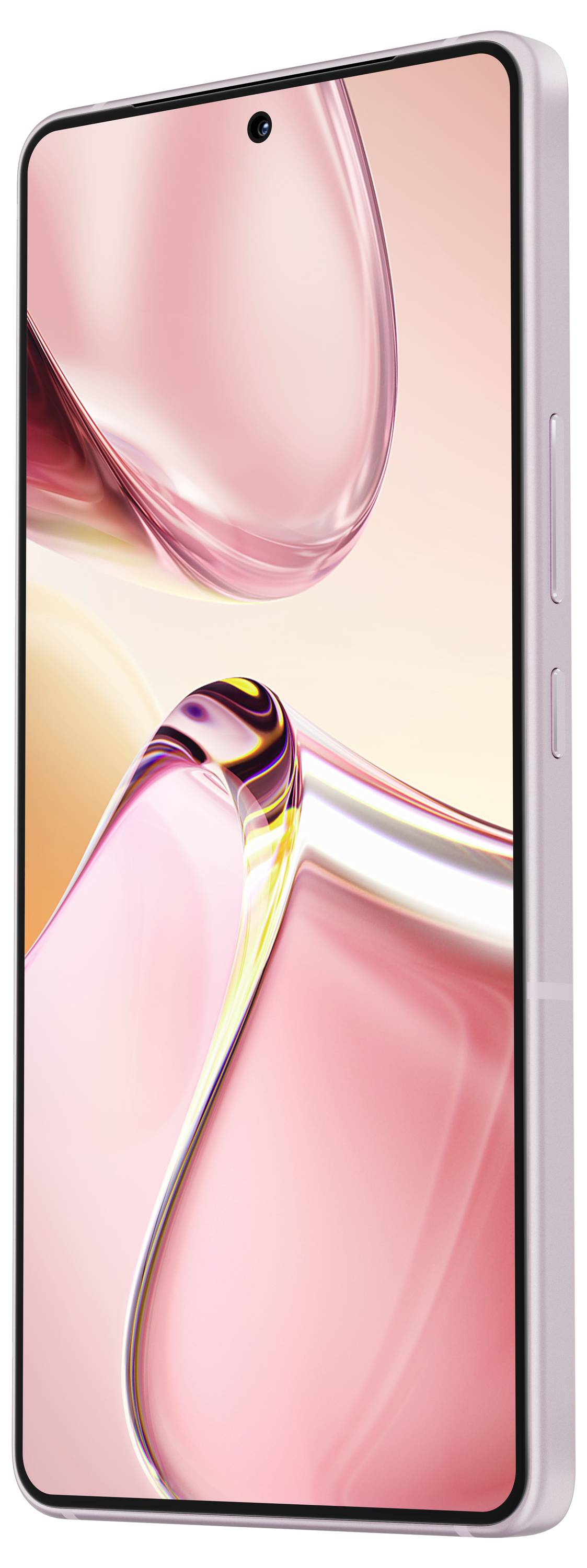 Ein modernes Smartphone mit einem randlosen Display, das ein abstraktes rosa Bild zeigt. Das Gerät hat schlanke Kanten und eine einzelne Kameraöffnung oben.