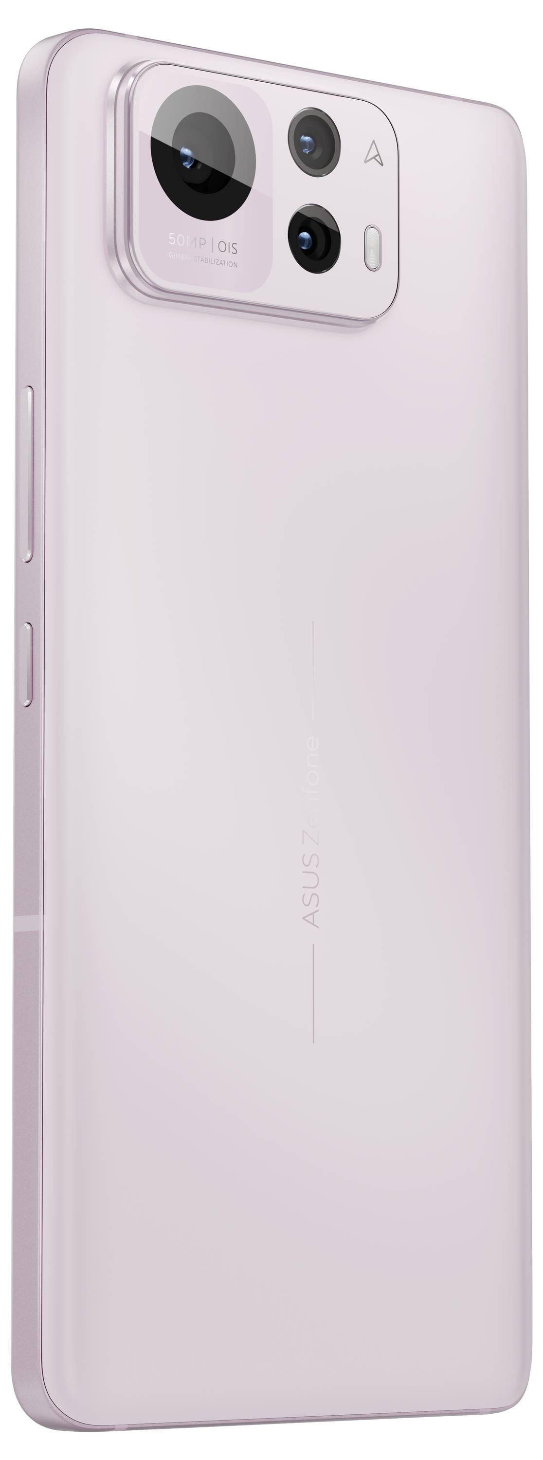 Smartphone in Rosa mit dreifacher Kamera und Blitzlicht auf der Rückseite. Seitenansicht zeigt schmale Bauweise und Lautstärketasten.