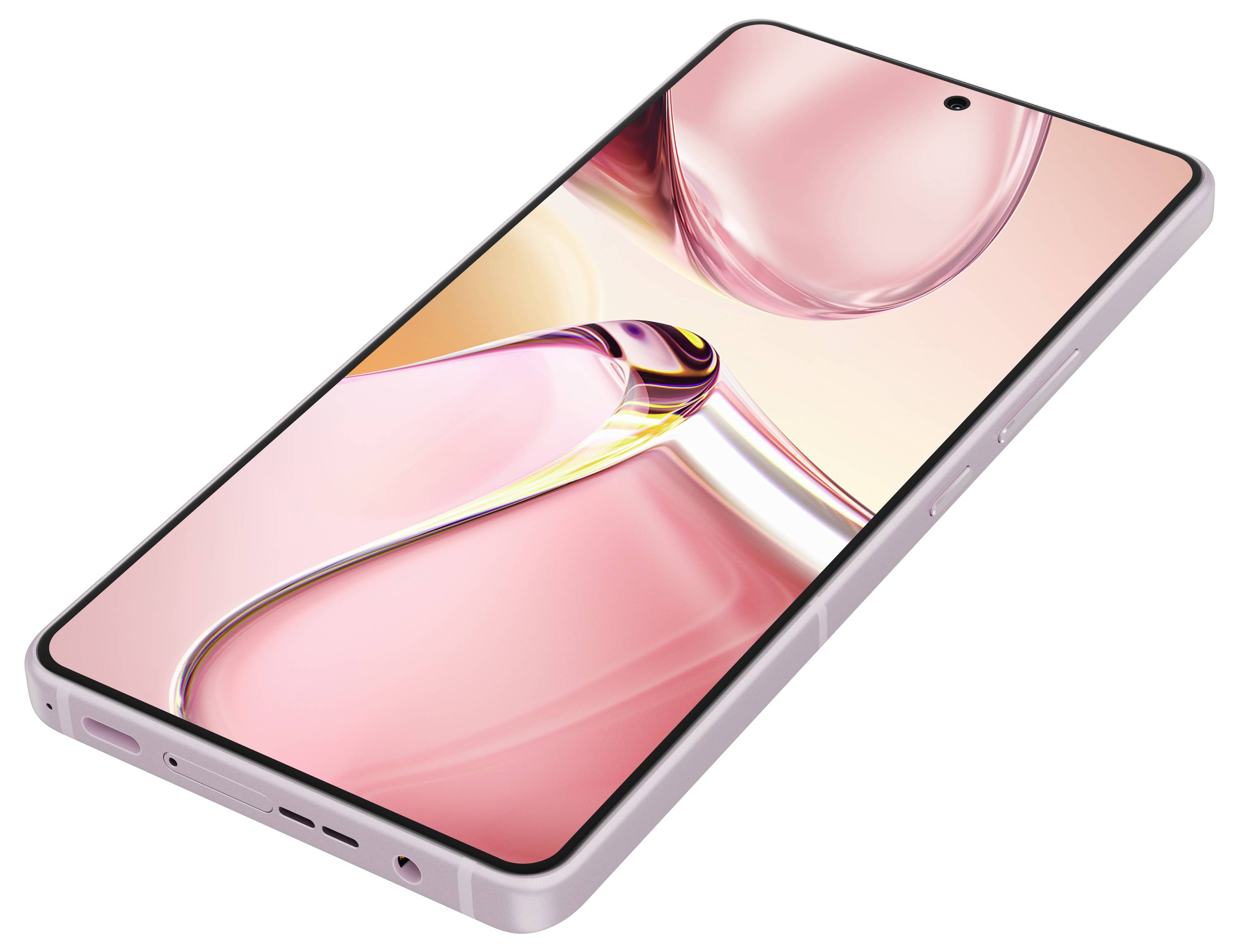 Ein modernes Smartphone mit rosafarbener Rückseite und abgerundeten Kanten, auf einem weißen Hintergrund, in einer schrägen Ansicht.