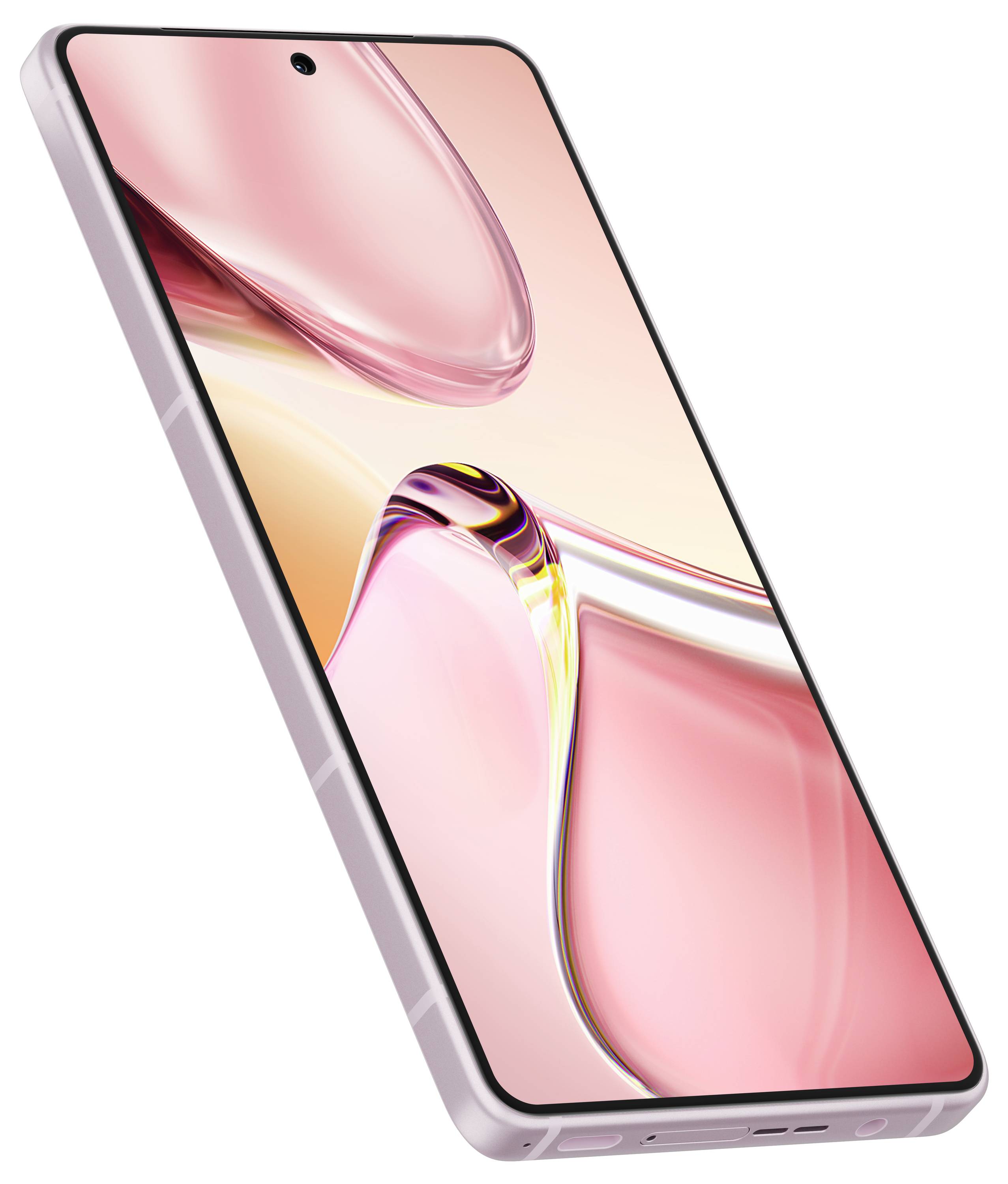 Smartphone in Rosa mit großem Display, Ansicht von schräg unten.