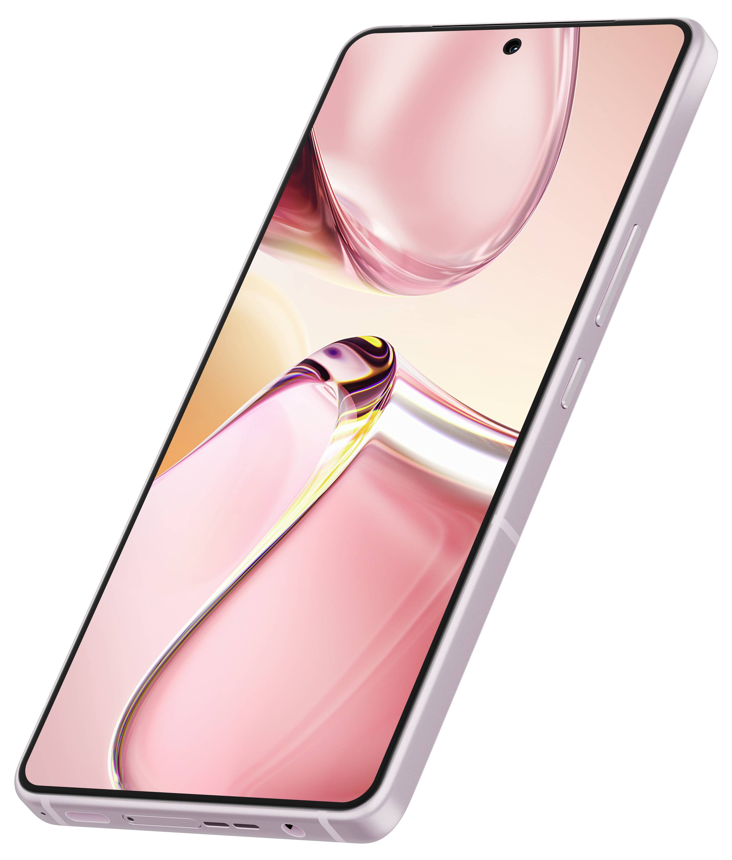 Rosa Smartphone mit großem, randlosem Display und minimalistischem Design, das schräg von der Seite betrachtet wird.