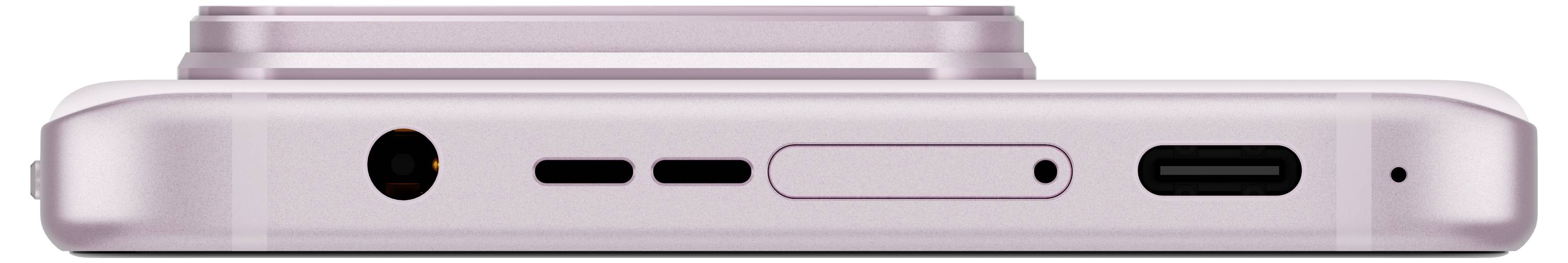 Rosa Smartphone mit Ansicht des oberen Teils, zeigt die Kopfhörerbuchse, Lautsprecheröffnungen und USB-C-Anschluss.