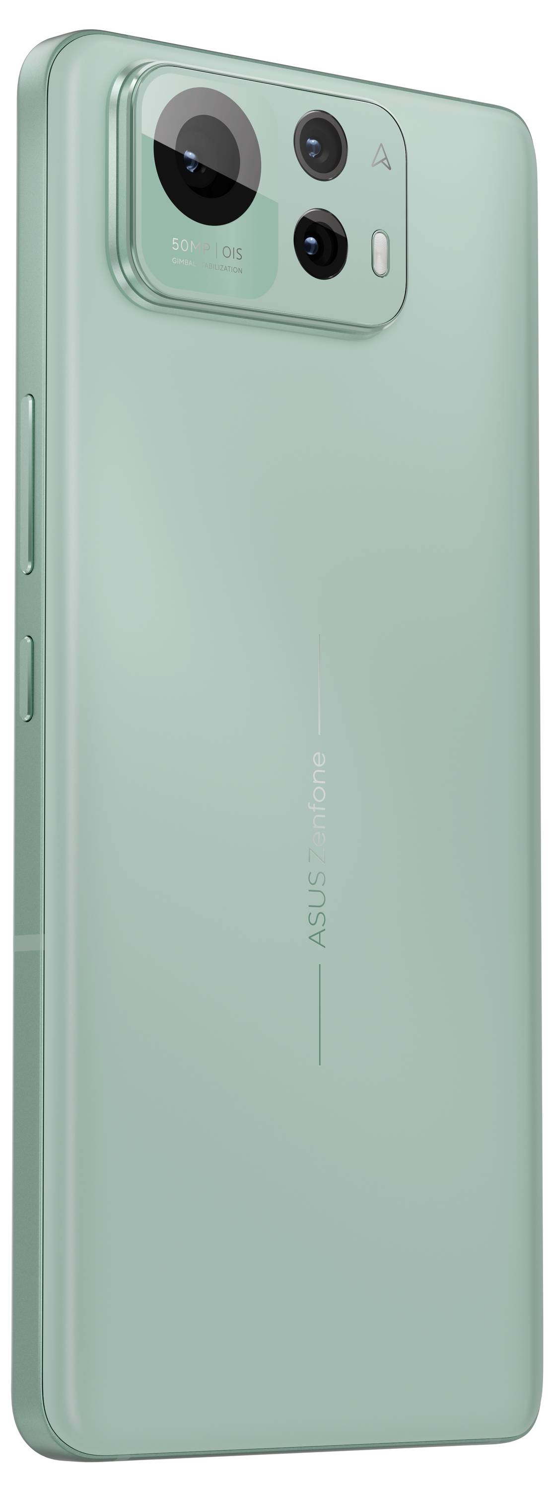 Ein grünes Smartphone mit drei Kameralinsen auf der Rückseite. Die seitlichen Tasten sind sichtbar. Modellbezeichnung 'ASUS'.