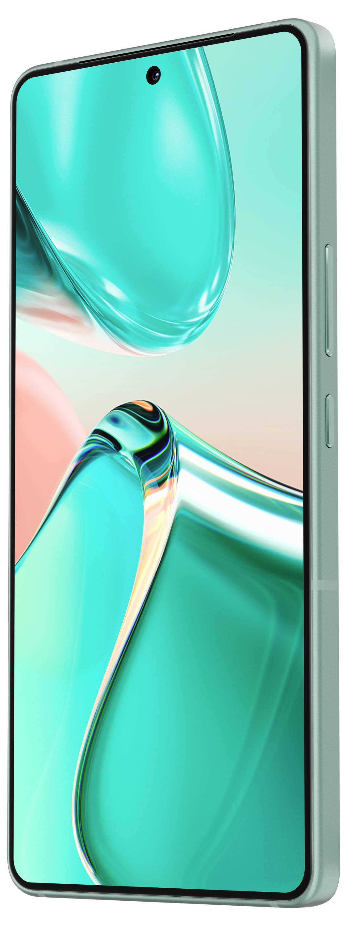 Ein modernes Smartphone mit großem Bildschirm, ohne sichtbare Logos oder Markenkennzeichnungen, aus leicht seitlicher Perspektive.